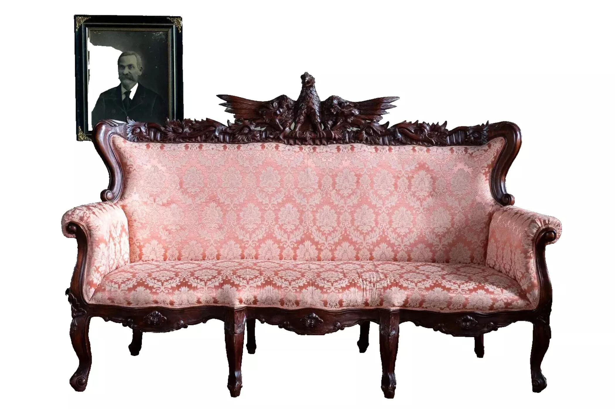 Other 20th C, Vintage Victorian Style, Carved, Eagle, Pink, Sofa, Arm Chair,  Set of 3
