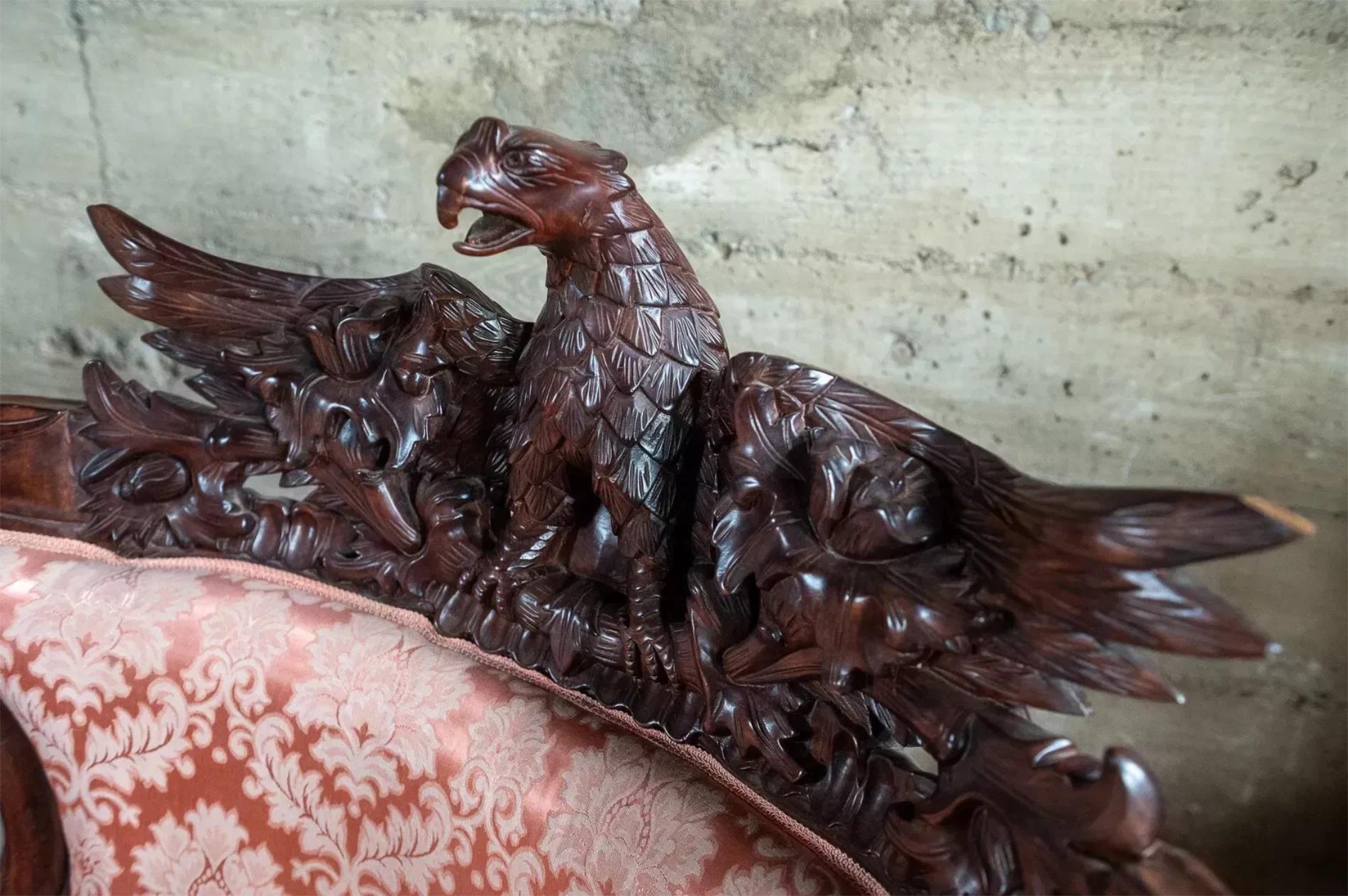 20th C, Vintage Victorian Style, Carved, Eagle, Pink, Sofa, Arm Chair,  Set of 3 In Good Condition In Austin, TX