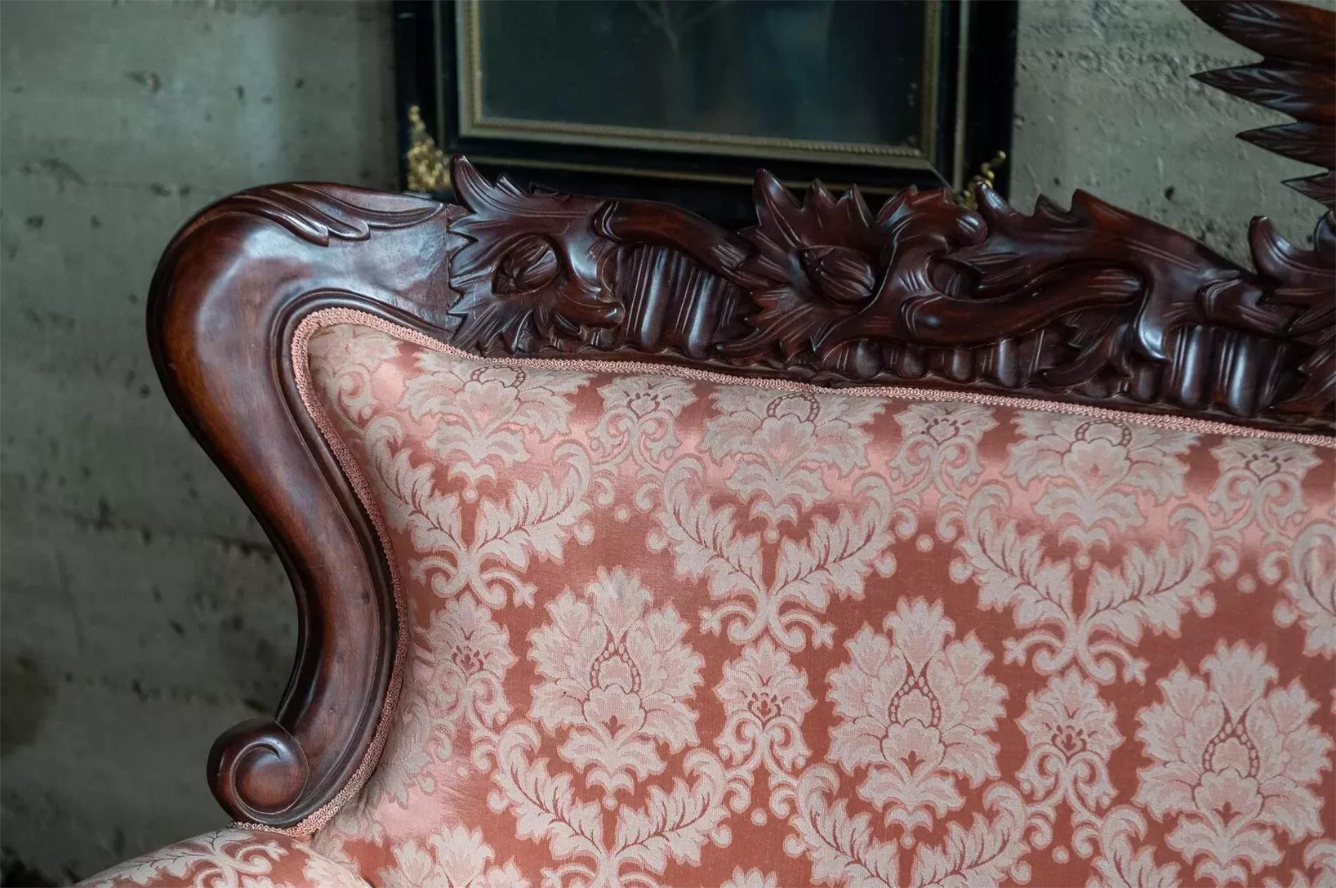 20th C, Vintage Victorian Style, Carved, Eagle, Pink, Sofa, Arm Chair,  Set of 3 2