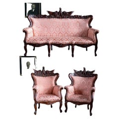 XX secolo, stile vittoriano vintage, intagliato, aquila, rosa, divano, poltrona,  Set di 3