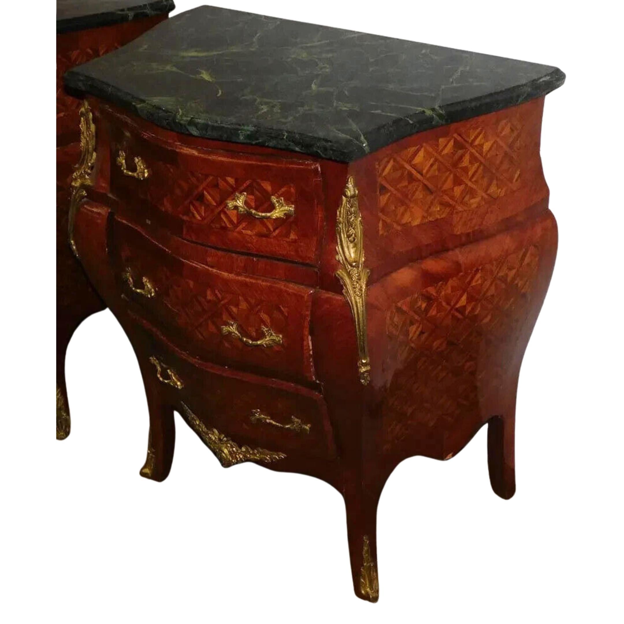 Other 20th C. Walnut Inlay, Marble Top, Diminutive, With Bronze Commodes, Set of Two!