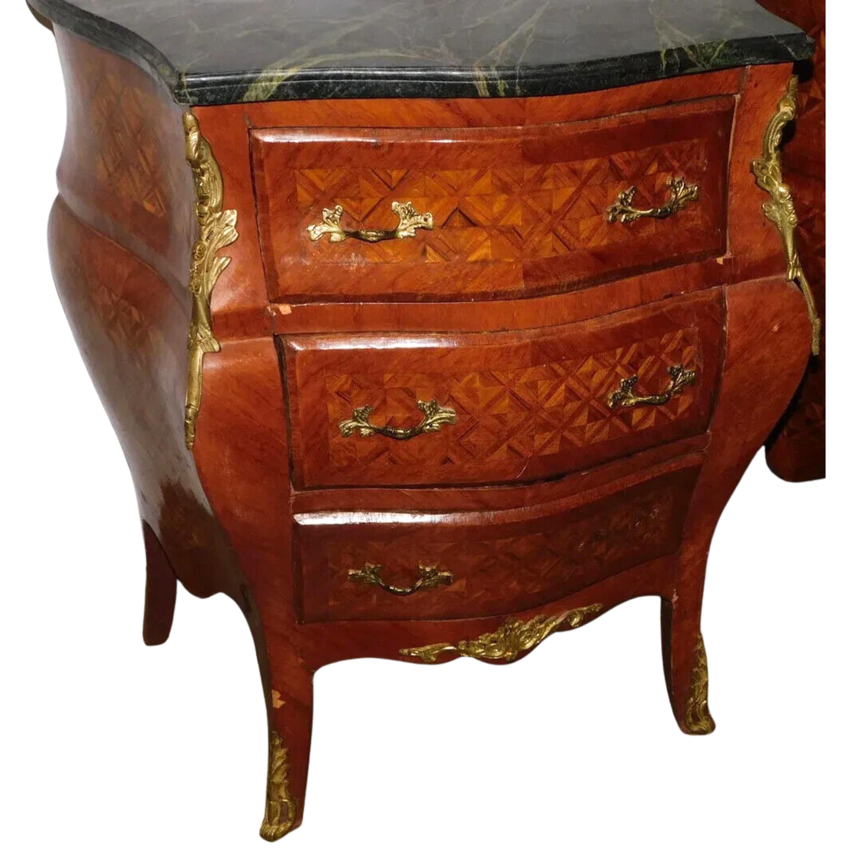 20th C. Walnut Inlay, Marble Top, Diminutive, With Bronze Commodes, Set of Two! In Good Condition In Austin, TX