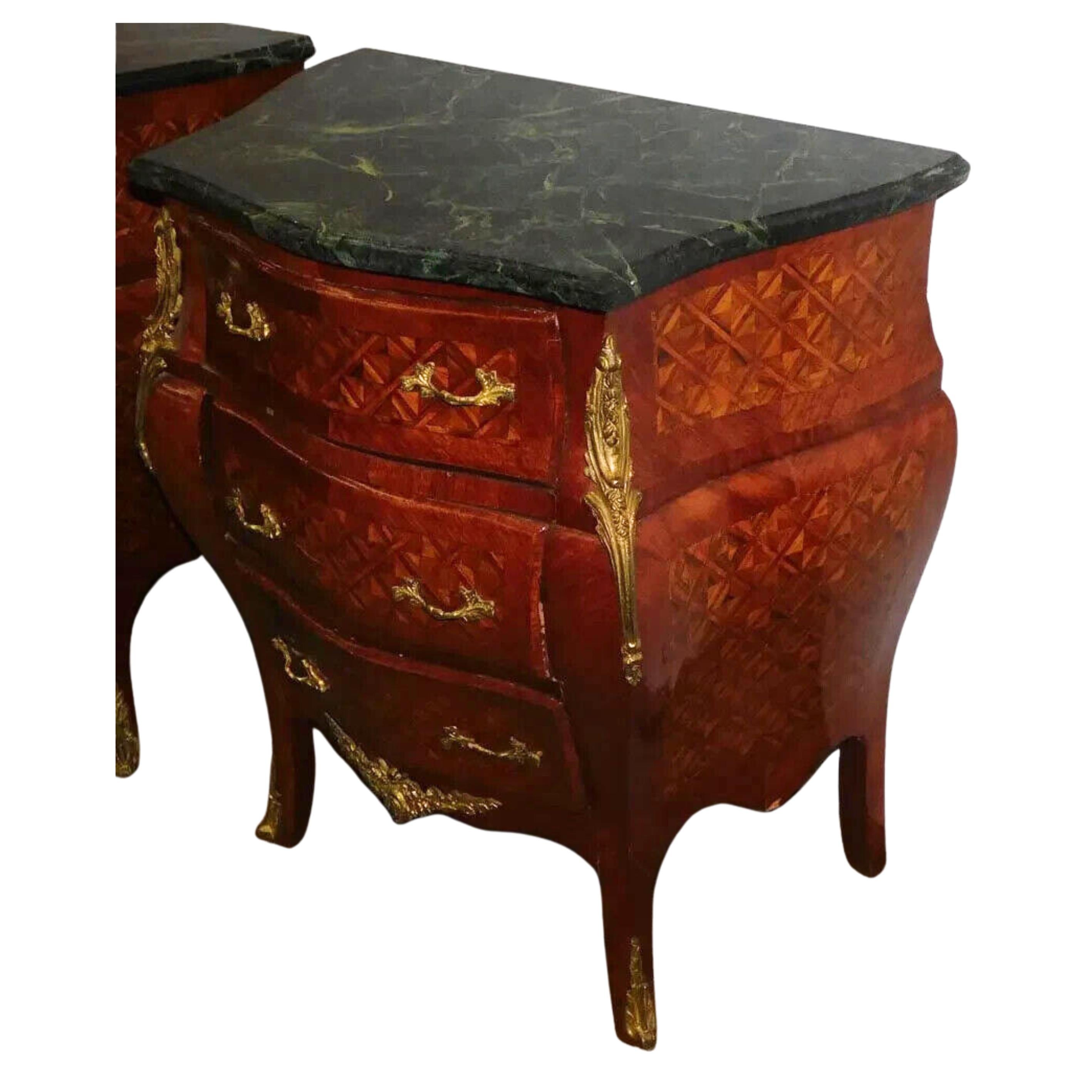 20th C. Walnut Inlay, Marble Top, Diminutive, With Bronze Commodes, Set of Two! In Good Condition For Sale In Austin, TX
