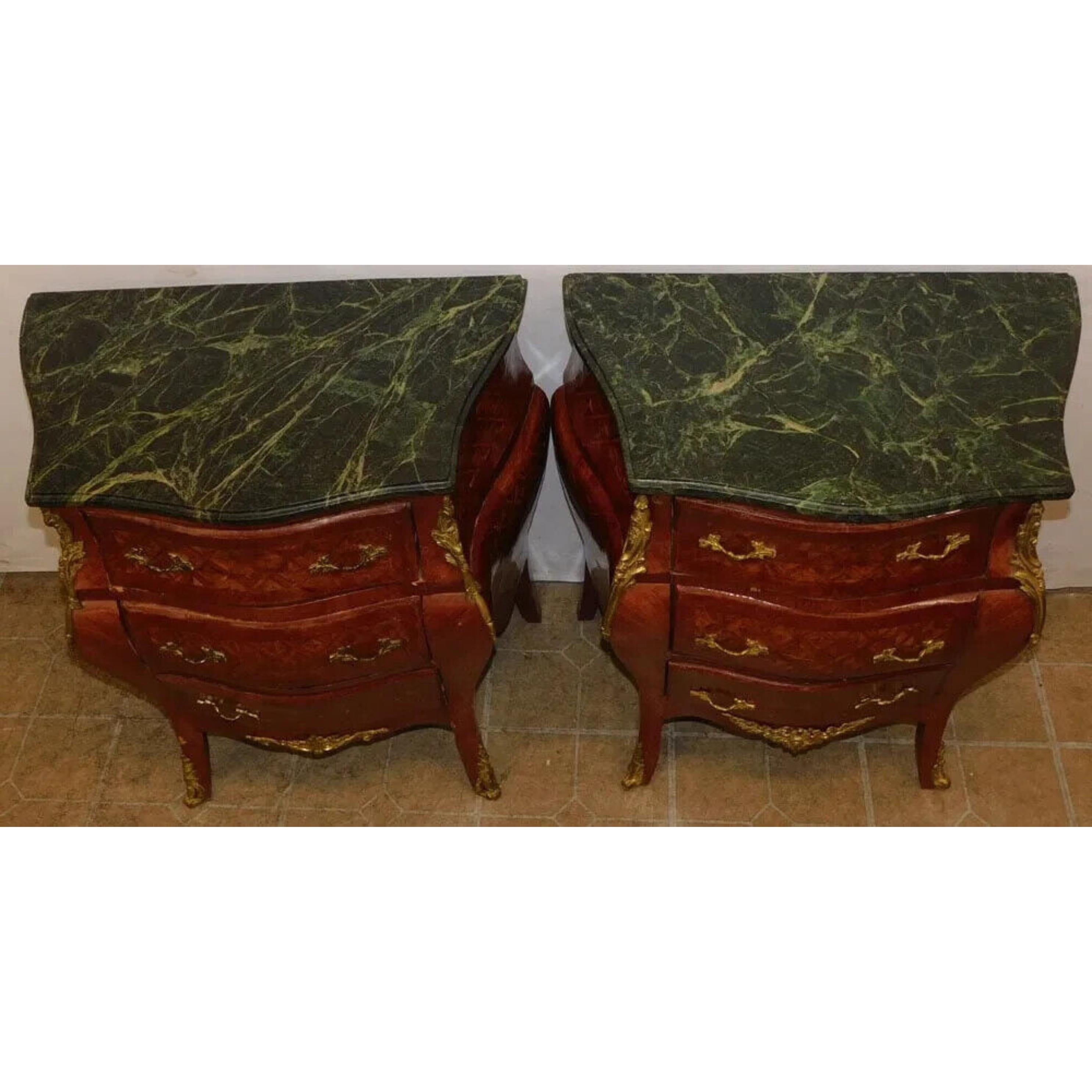 20th Century 20th C. Walnut Inlay, Marble Top, Diminutive, With Bronze Commodes, Set of Two!