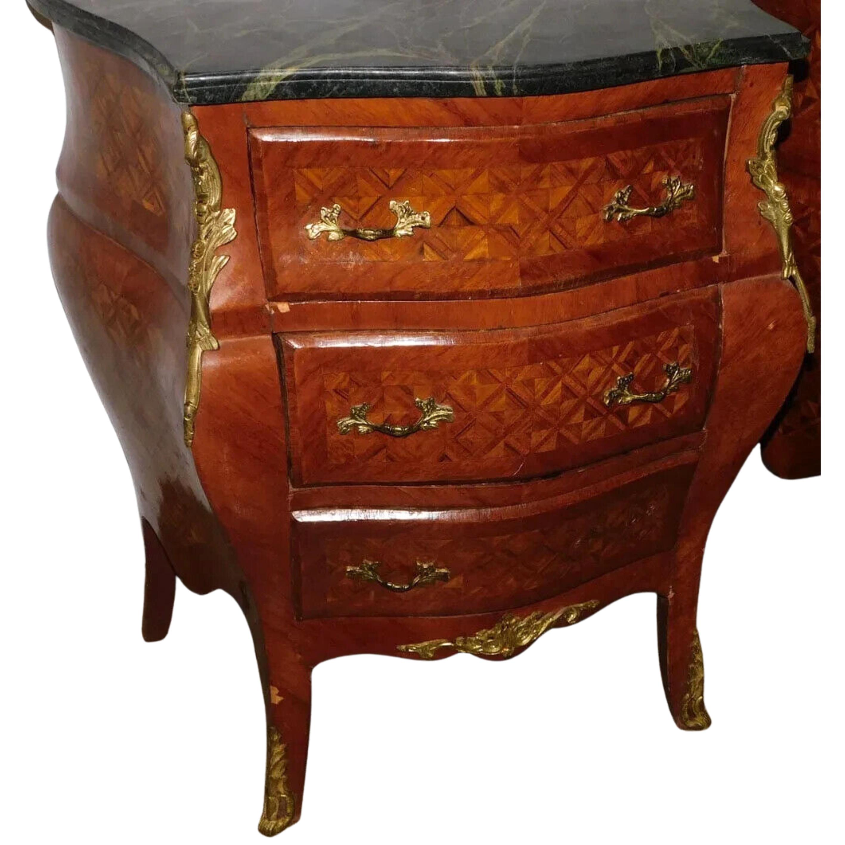 20th Century 20th C. Walnut Inlay, Marble Top, Diminutive, With Bronze Commodes, Set of Two! For Sale