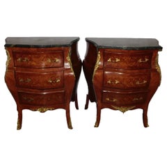 Retro 20th C. Walnut Inlay, Marble Top, Diminutive, With Bronze Commodes, Set of Two!