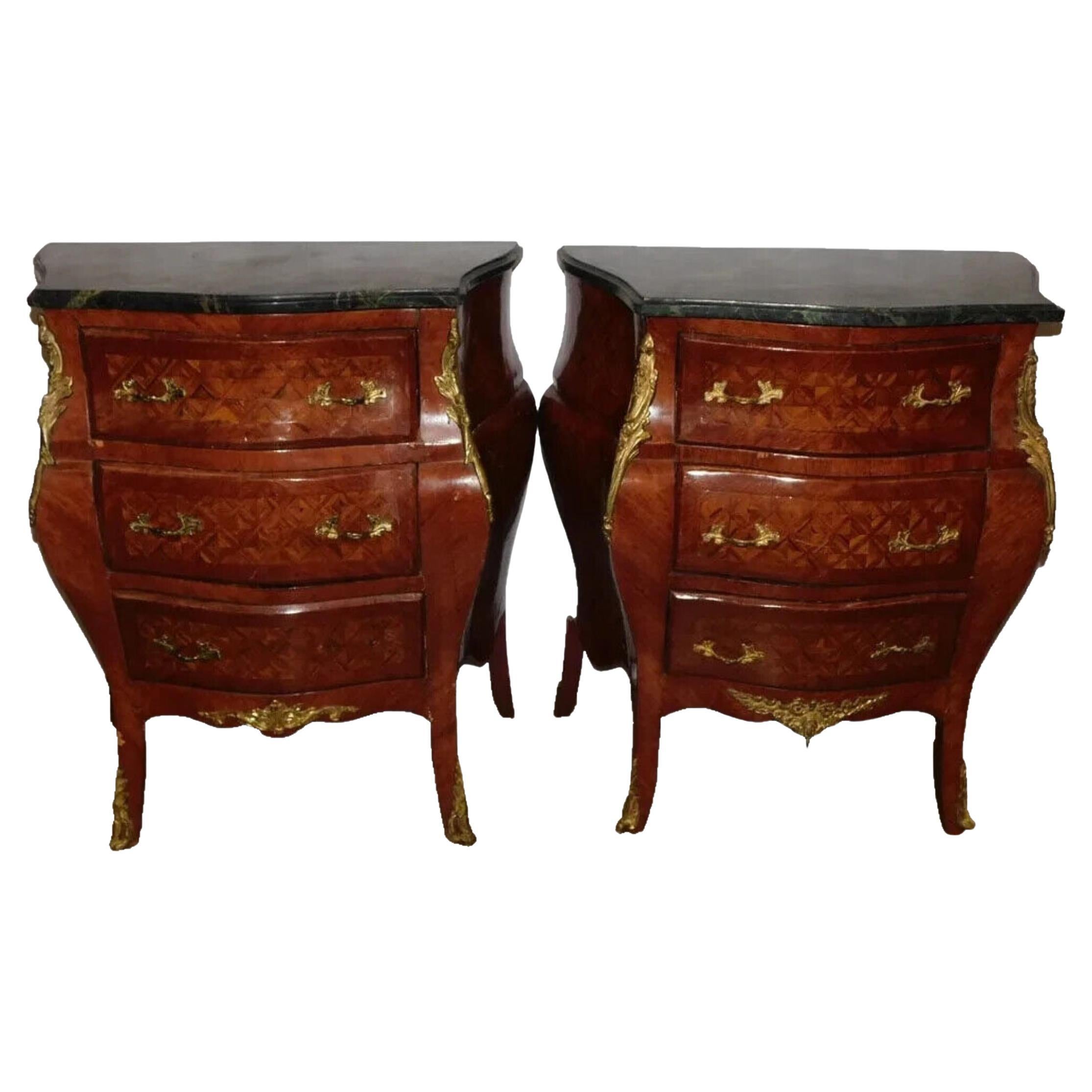 20th C. Walnut Inlay, Marble Top, Diminutive, With Bronze Commodes, Set of Two! For Sale