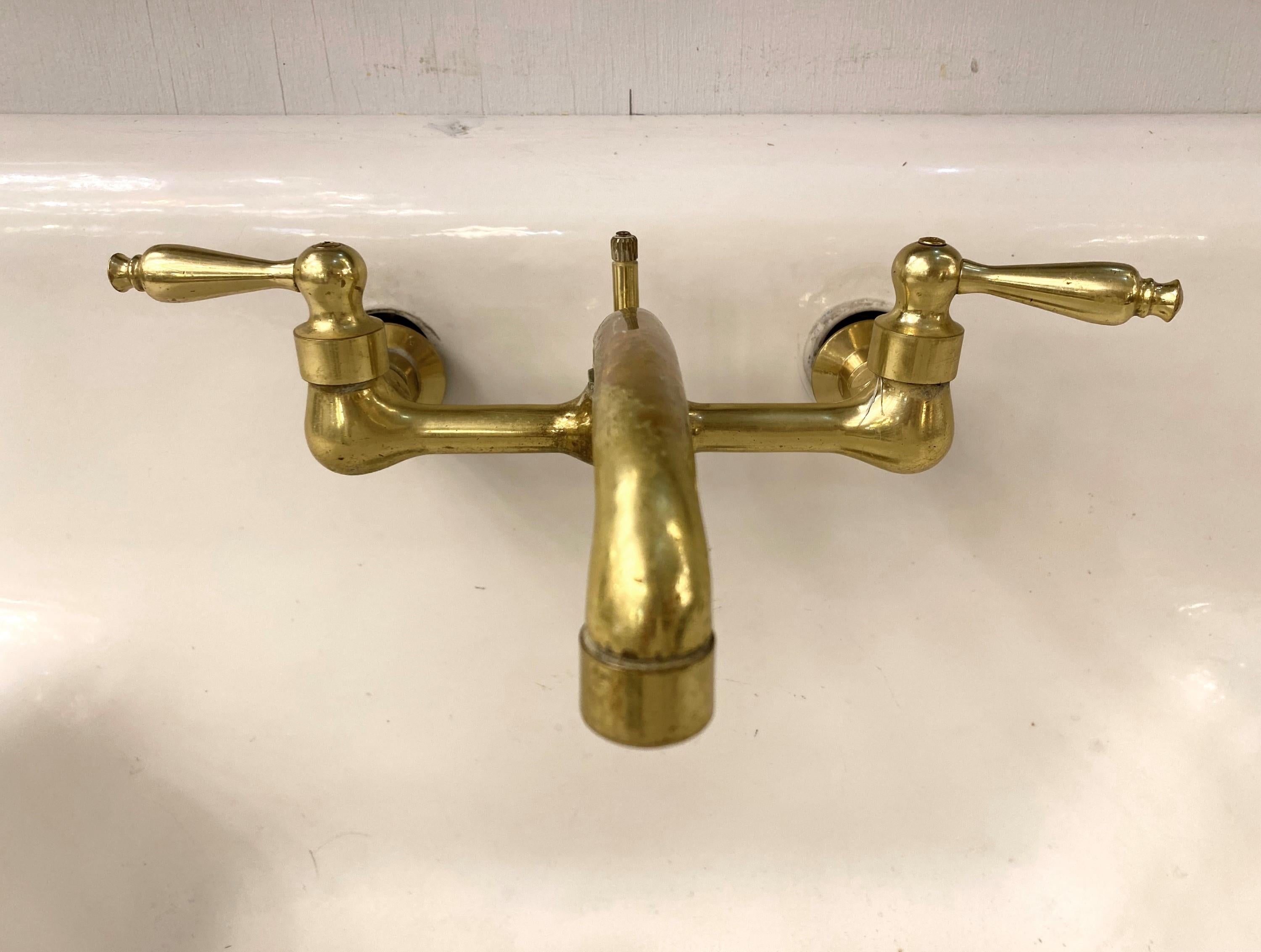20th Century White Enameled Cast Iron Double Farm Sink Brass Hardware 6
