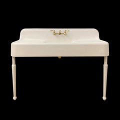 20th Century White Enameled Cast Iron Double Farm Sink Brass Hardware