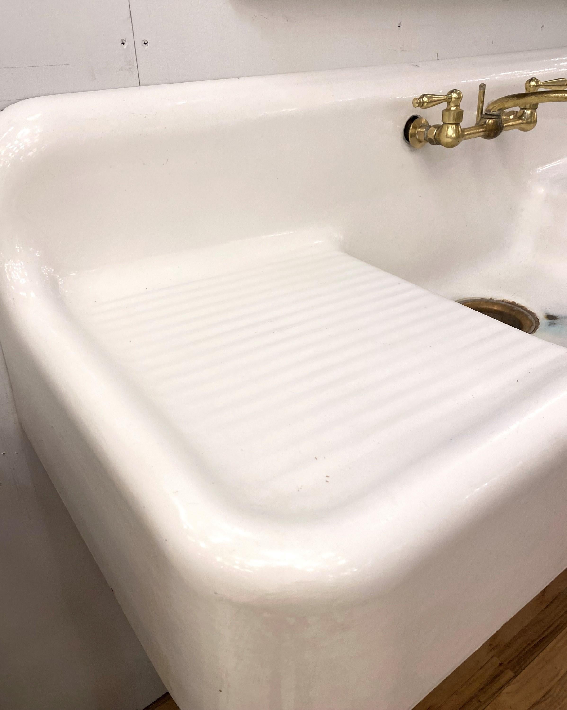 American 20th Century White Enameled Cast Iron Double Farm Sink Brass Hardware