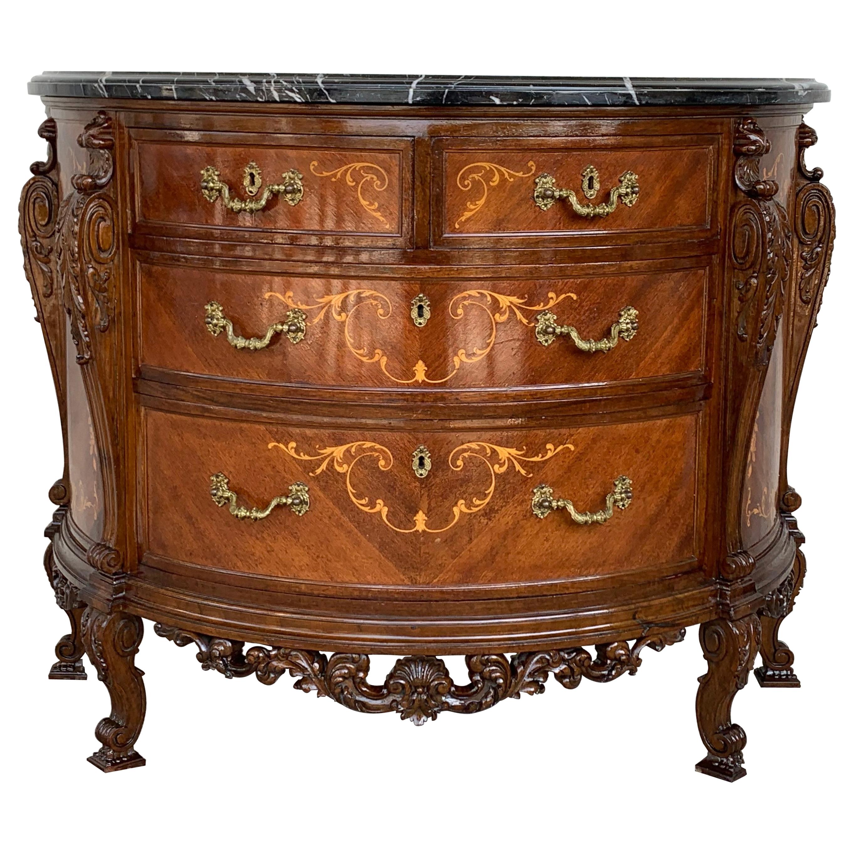 20th Carved and Marquetry Chest of Drawers with Four Drawers