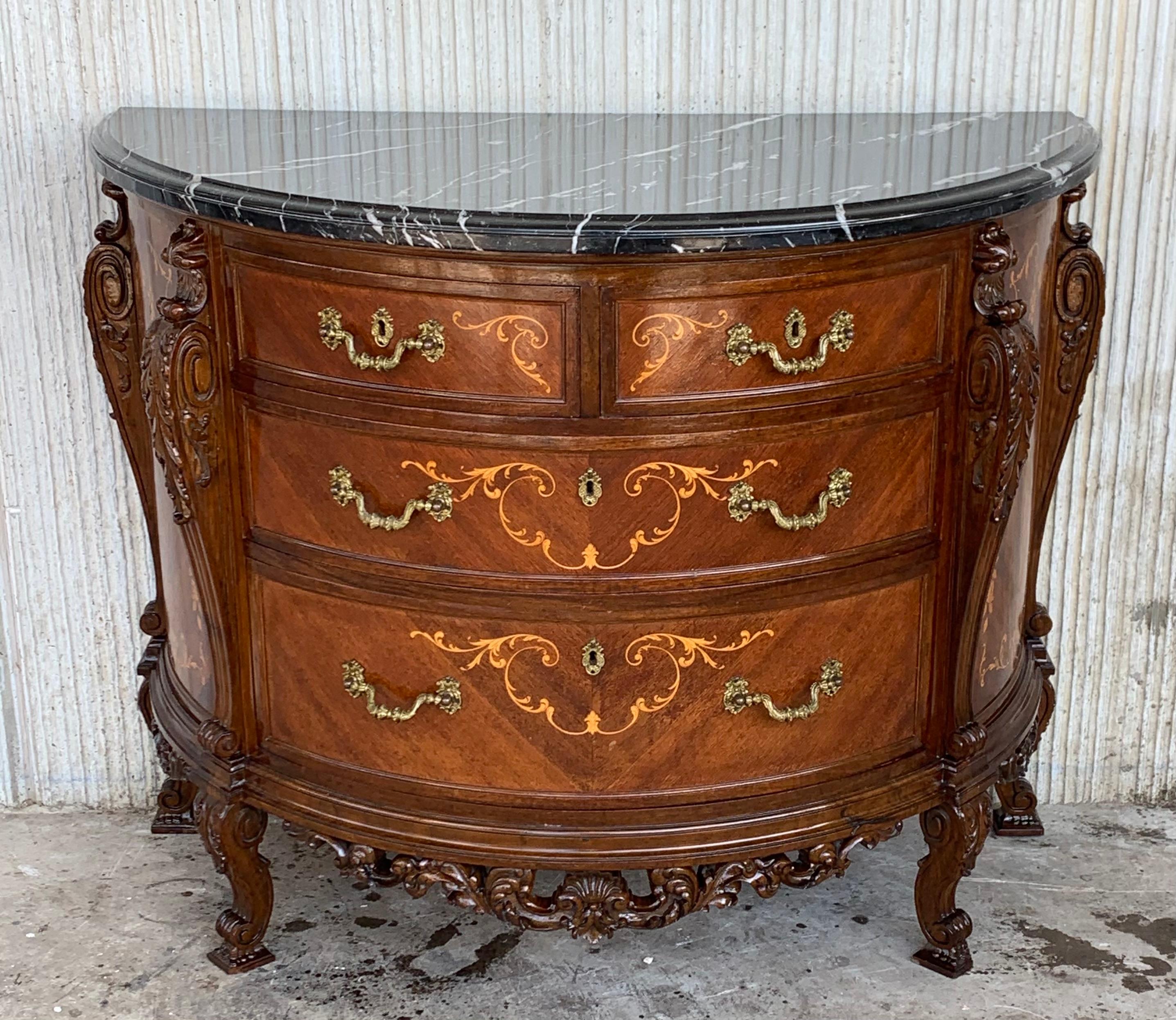 French 20th Carved and Marquetry Chest of Drawers with Four Drawers