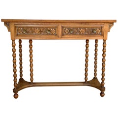 20th Century Carved Two-Drawer Spanish Walnut Console Table with Iron Hardware