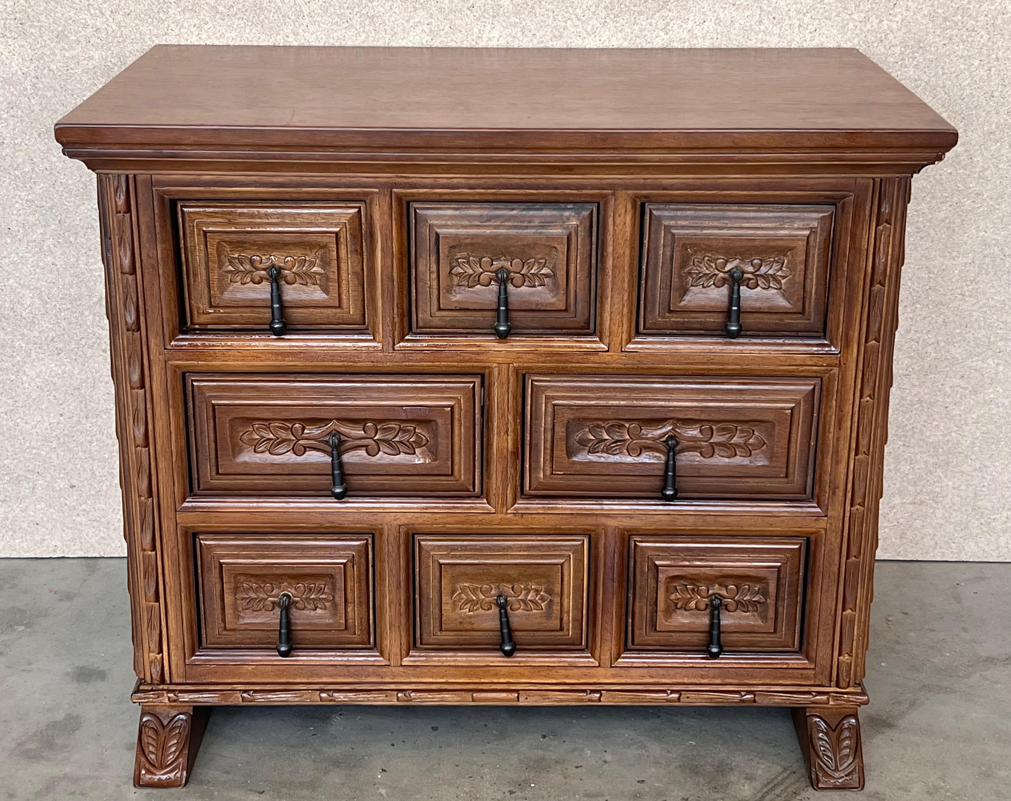 Spanish Colonial 20th Catalan Spanish Baroque Carved Walnut Tuscan Chest of Drawers or Nightstand For Sale