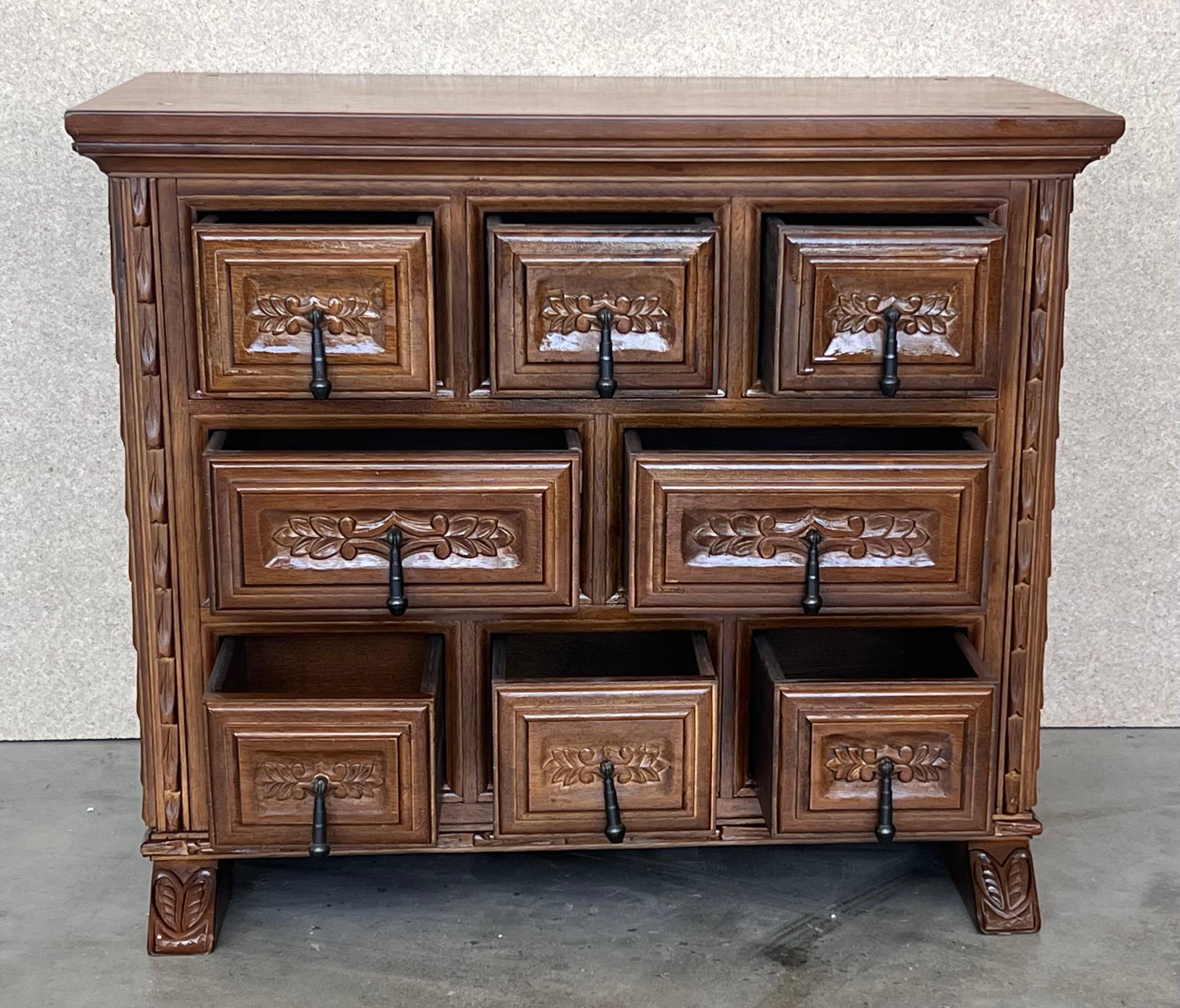 20th Century 20th Catalan Spanish Baroque Carved Walnut Tuscan Chest of Drawers or Nightstand For Sale