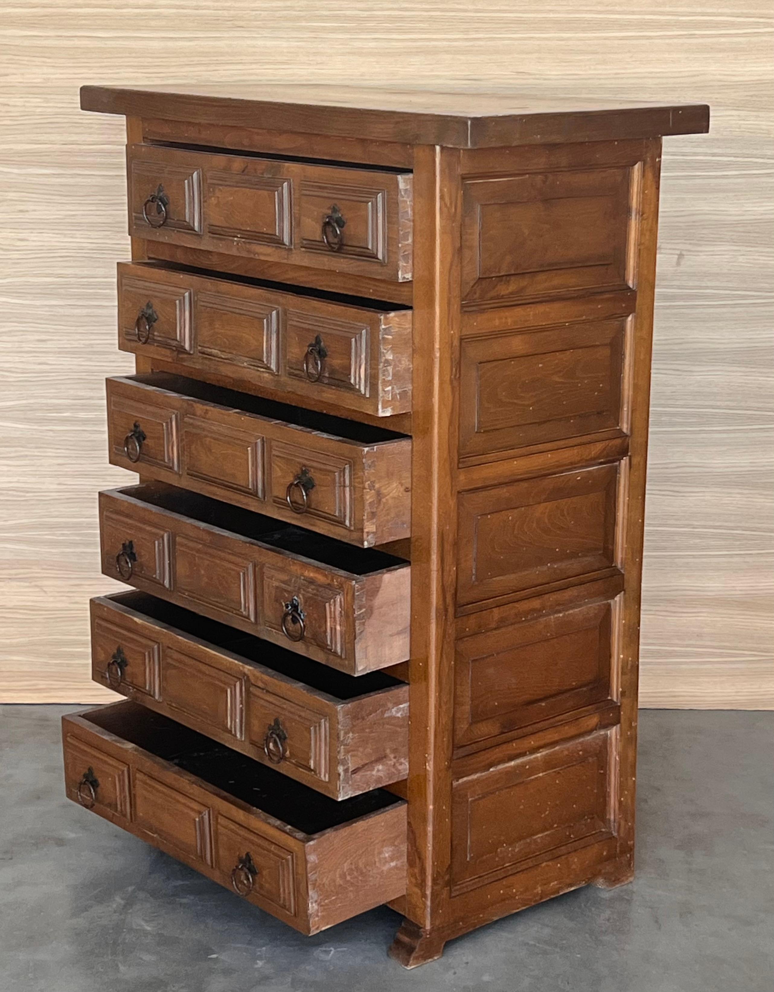 Iron 20th Catalan Spanish Baroque Carved Walnut Tuscan Chest of Drawers or Nightstand For Sale
