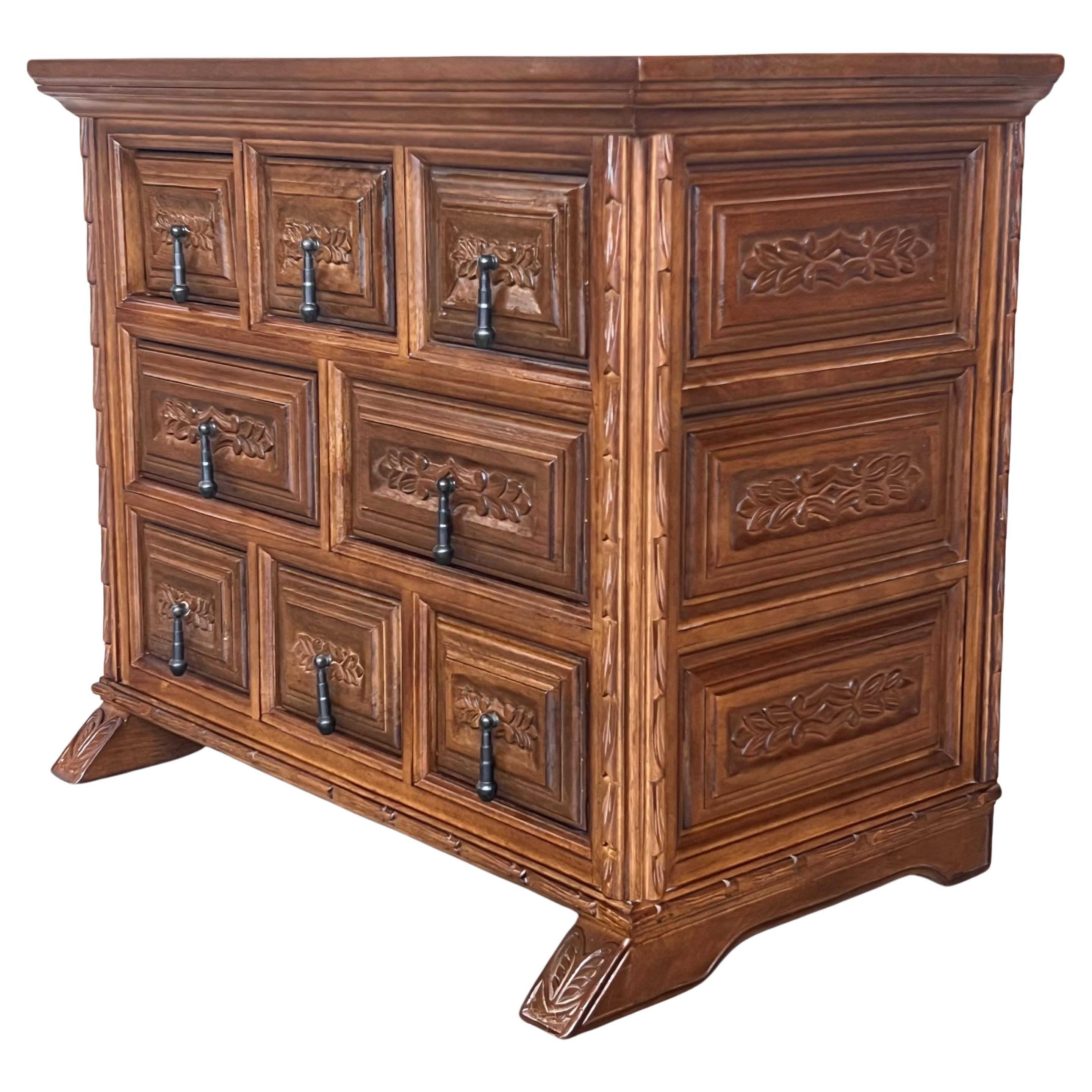 20th Catalan Spanish Baroque Carved Walnut Tuscan Chest of Drawers or Nightstand
