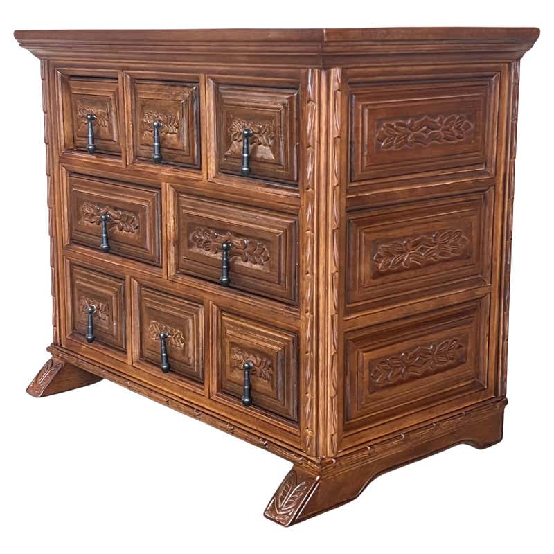 20th Spanish Dresser in Carved Wood with Marble Top and Four Drawers