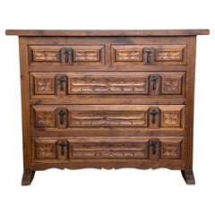 20th Catalan Spanish Baroque Carved Walnut Tuscan Five Drawers Chest of Drawers