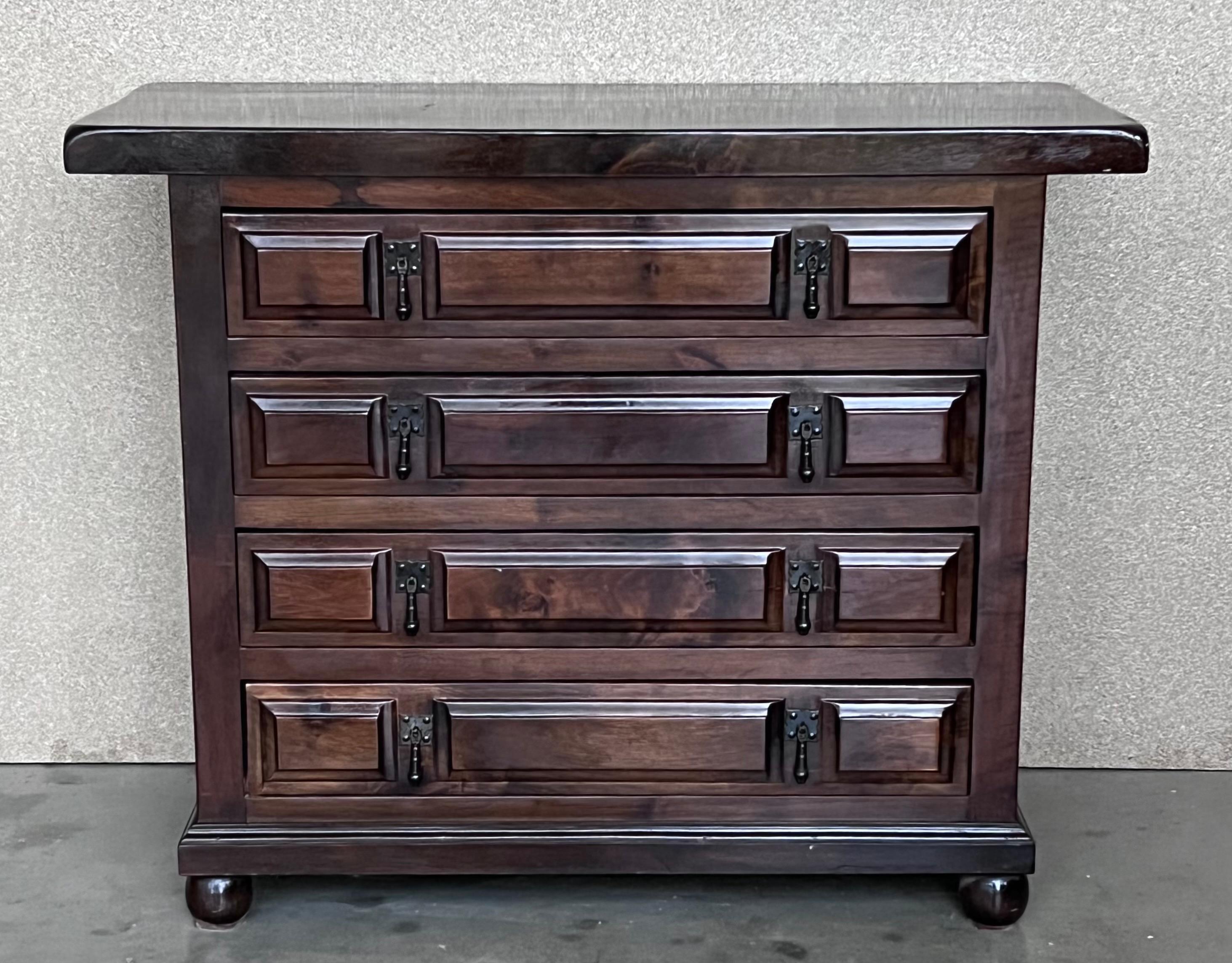 Spanish Colonial 20th Catalan Spanish Baroque Carved Walnut Tuscan Four Drawers Chest of Drawers