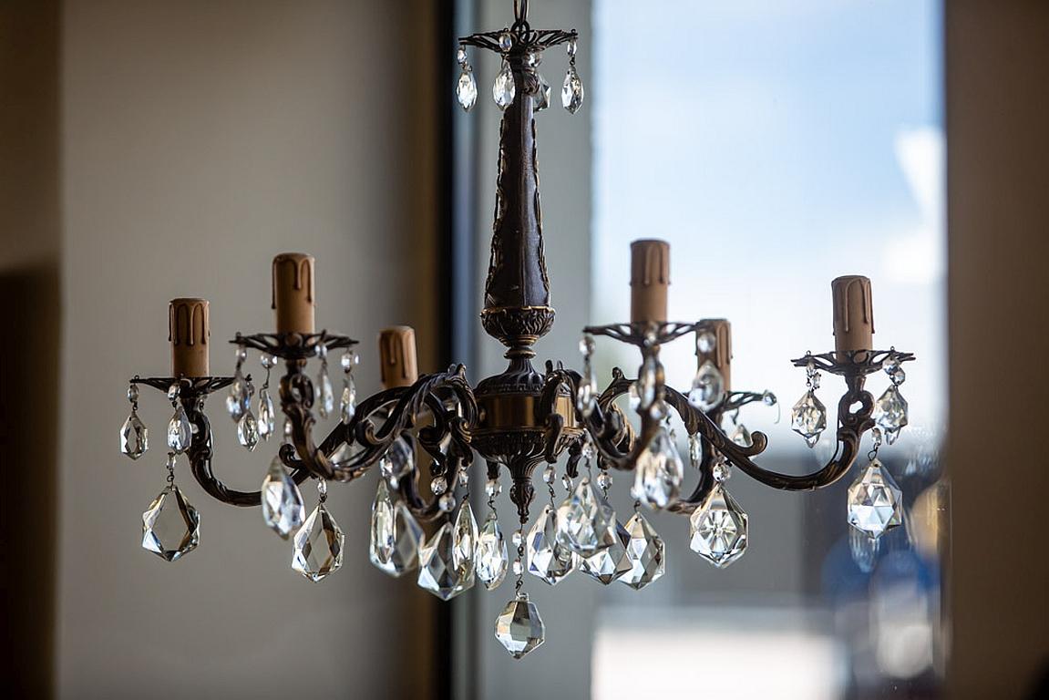 European 20th Century Six-Arm Chandelier with Crystals For Sale