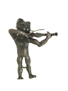 20th Cent Cat Musician Miniature Figure, Silver Plate Austria