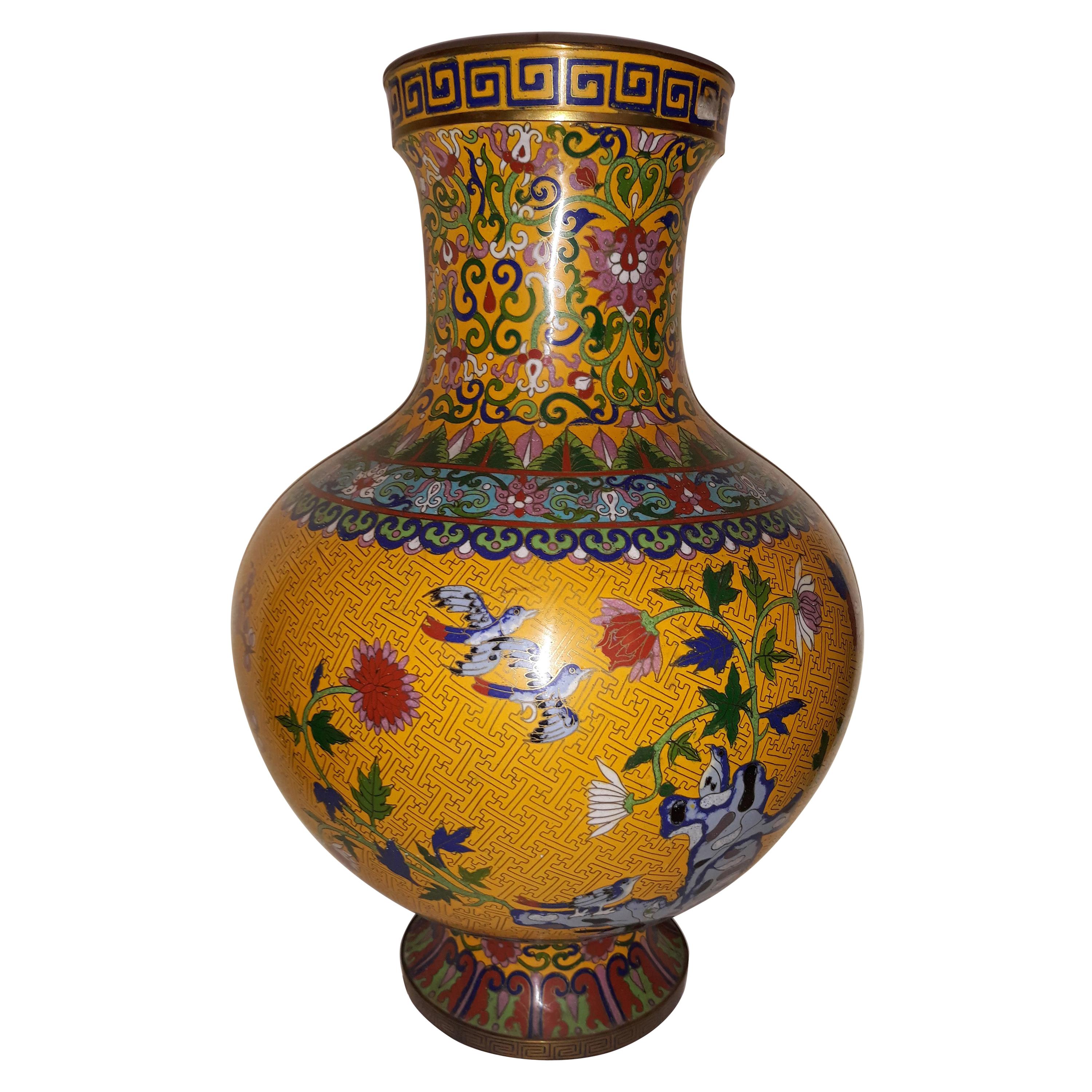 20th cent Cloisonne Impressive Copper Wire Vase and Hard Stones For Sale