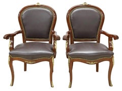 20th Cent., Vintage, (2) Louis XV Style Black, Upholstered, Nailhead, Fauteuils!
