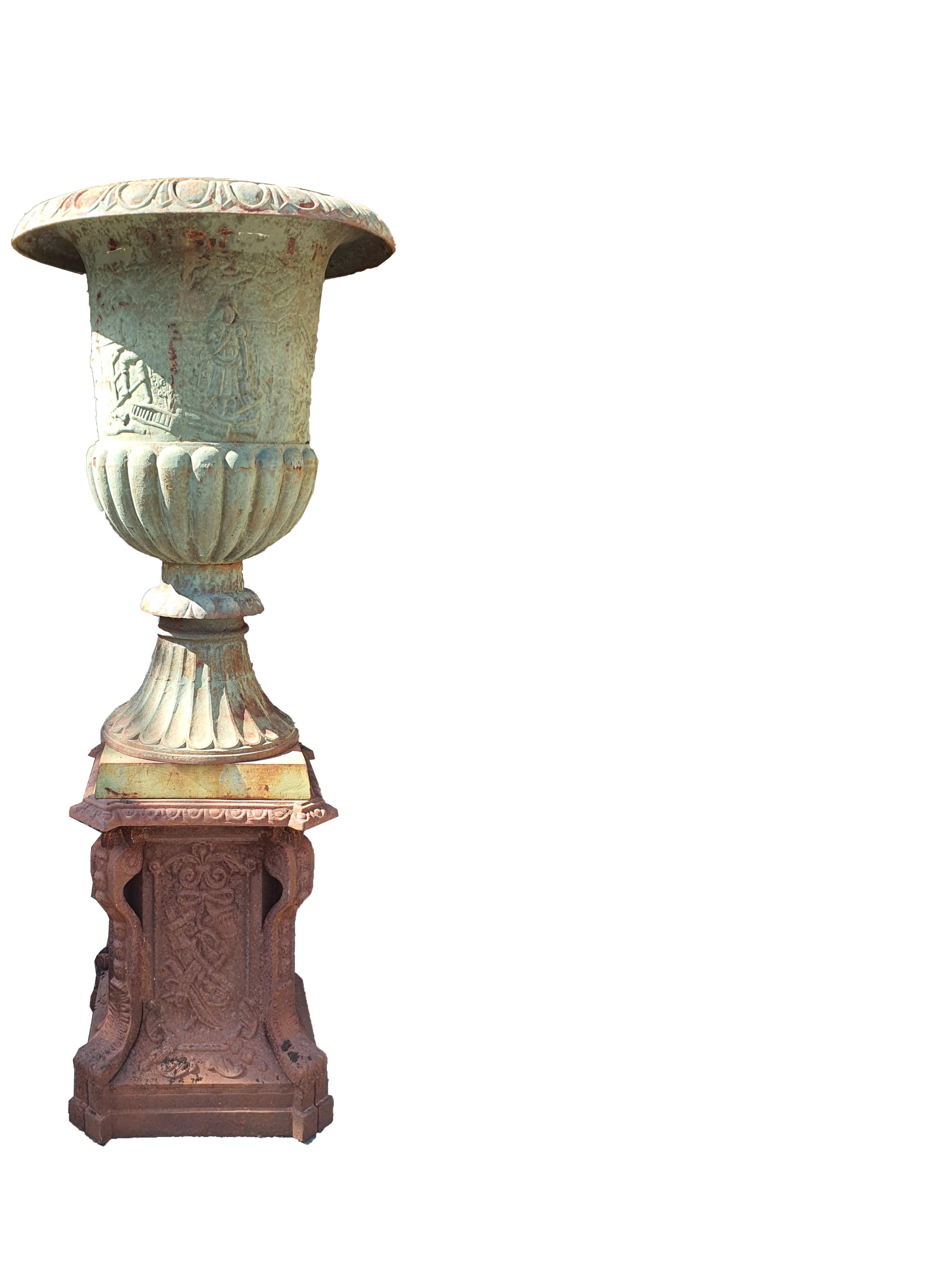 Neoclassical 20th Centurty Pair of Cast Iron Vases with Bases, Garden Furniture For Sale