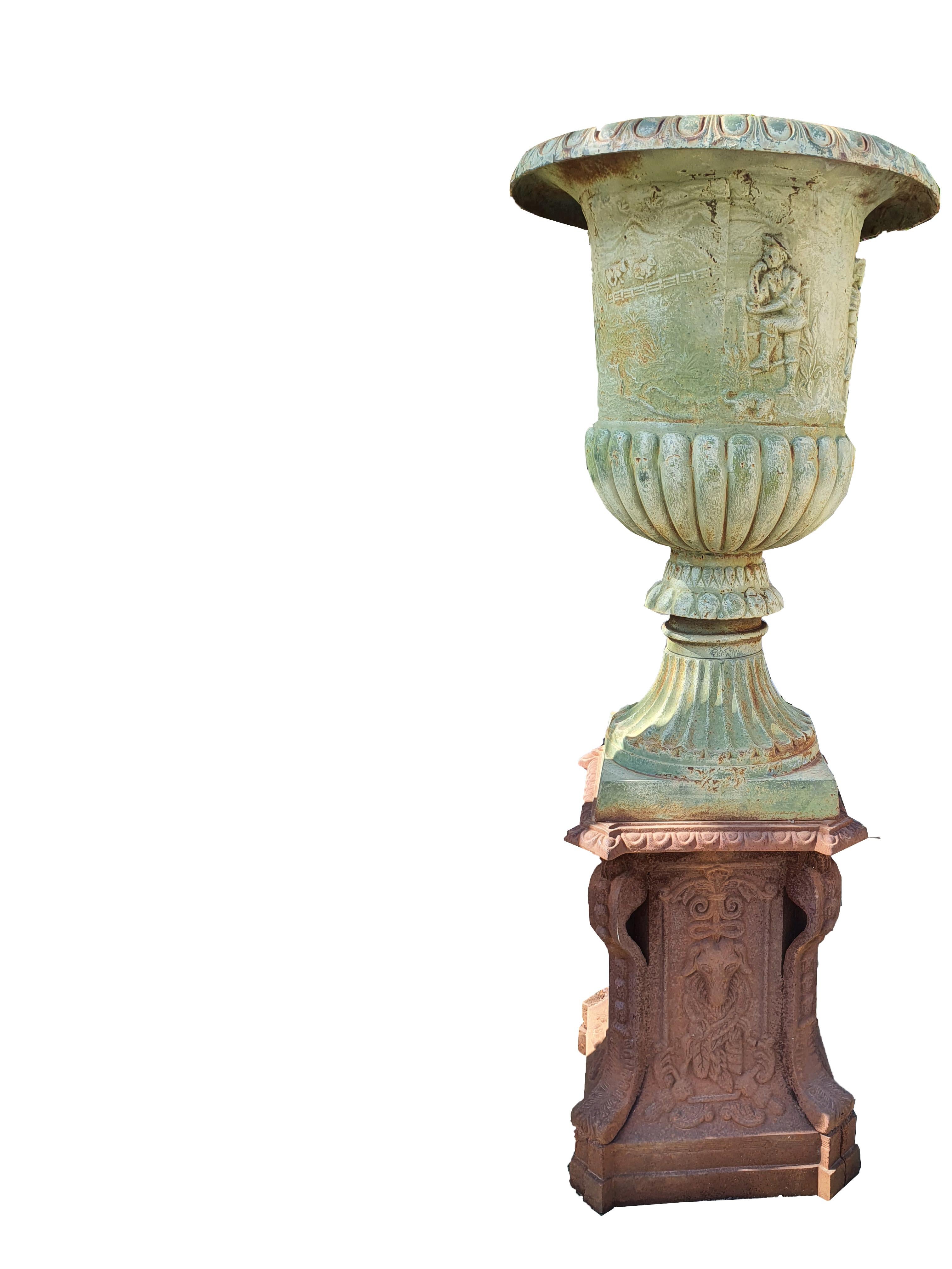 Sicilian 20th Centurty Pair of Cast Iron Vases with Bases, Garden Furniture For Sale