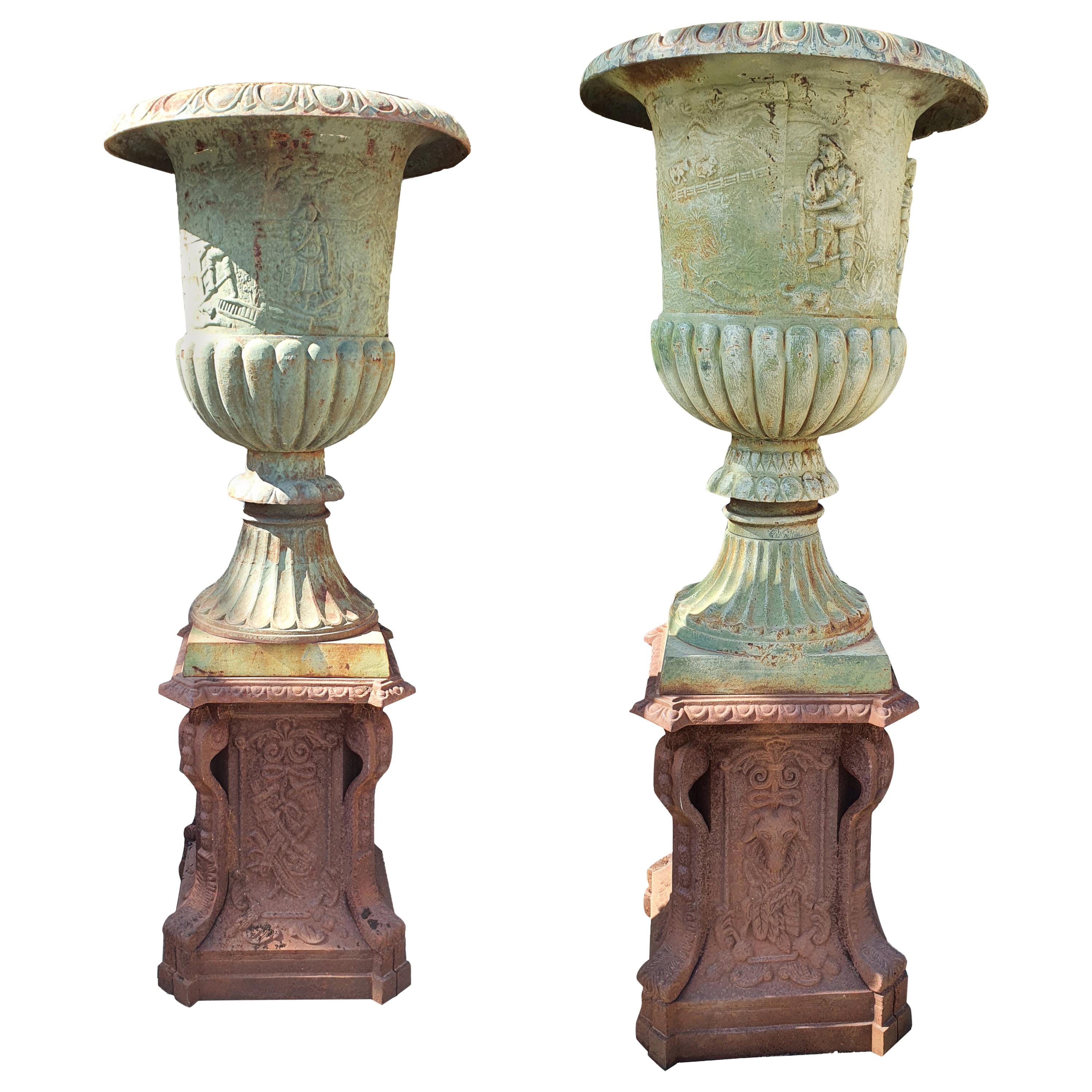 20th Centurty Pair of Cast Iron Vases with Bases, Garden Furniture For Sale
