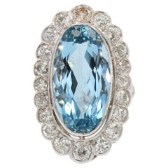 Antique 20th Century 11, 50 Carat Aquamarine Diamonds Platinum Pompadour Ring