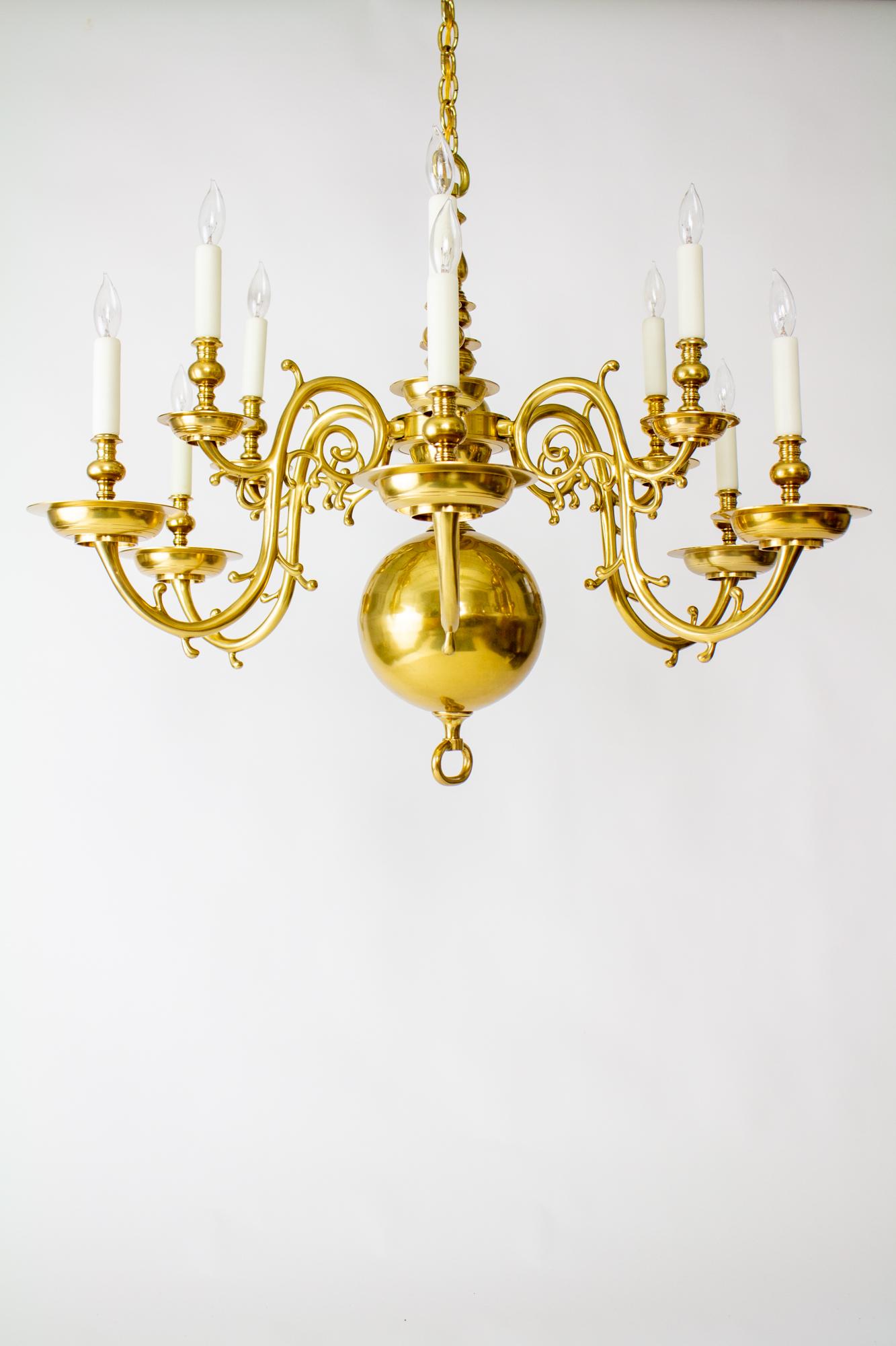 20th Century 12 Arm Dutch Colonial Brass Chandelier For Sale 6