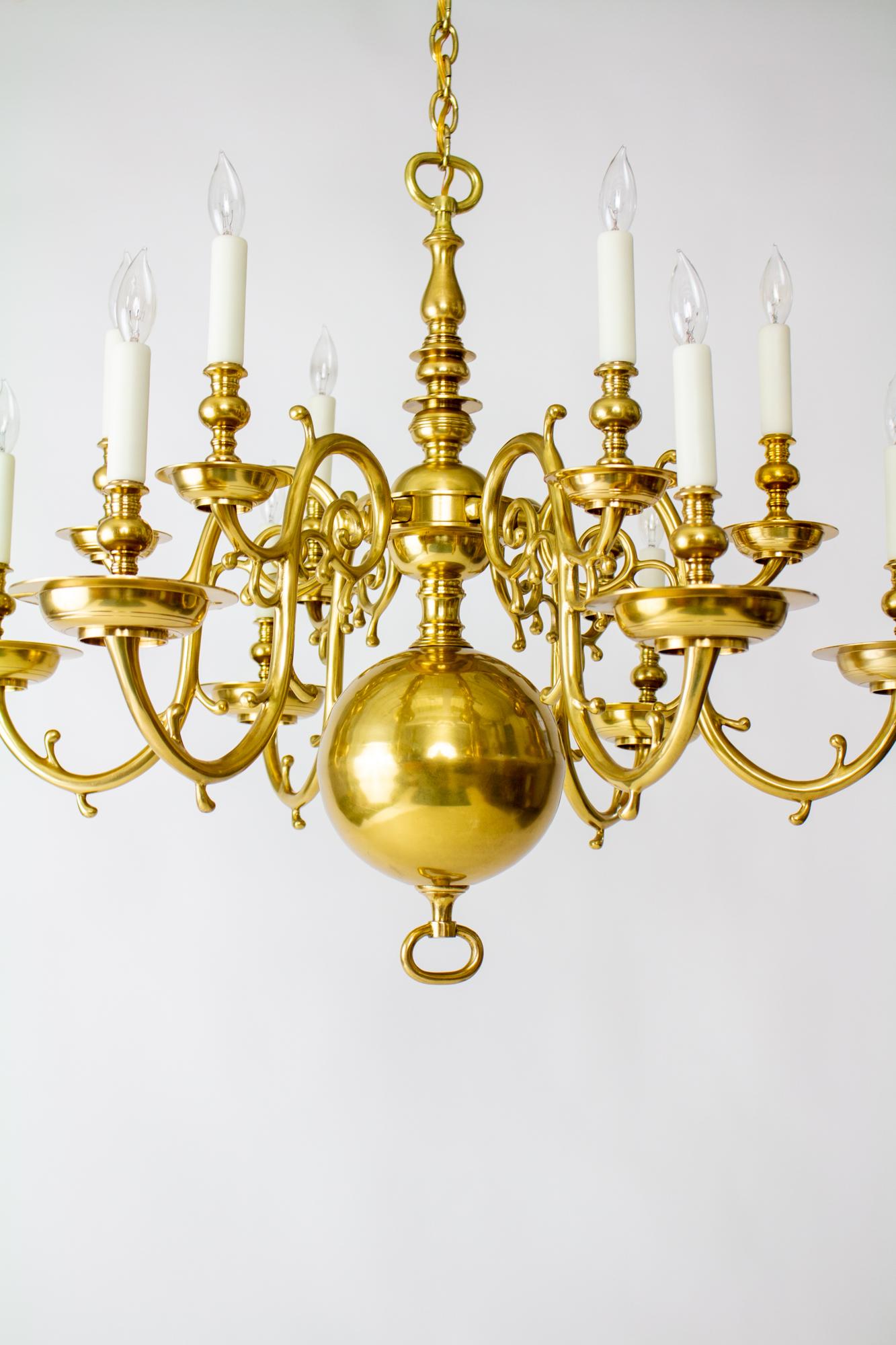 American 20th Century 12 Arm Dutch Colonial Brass Chandelier For Sale