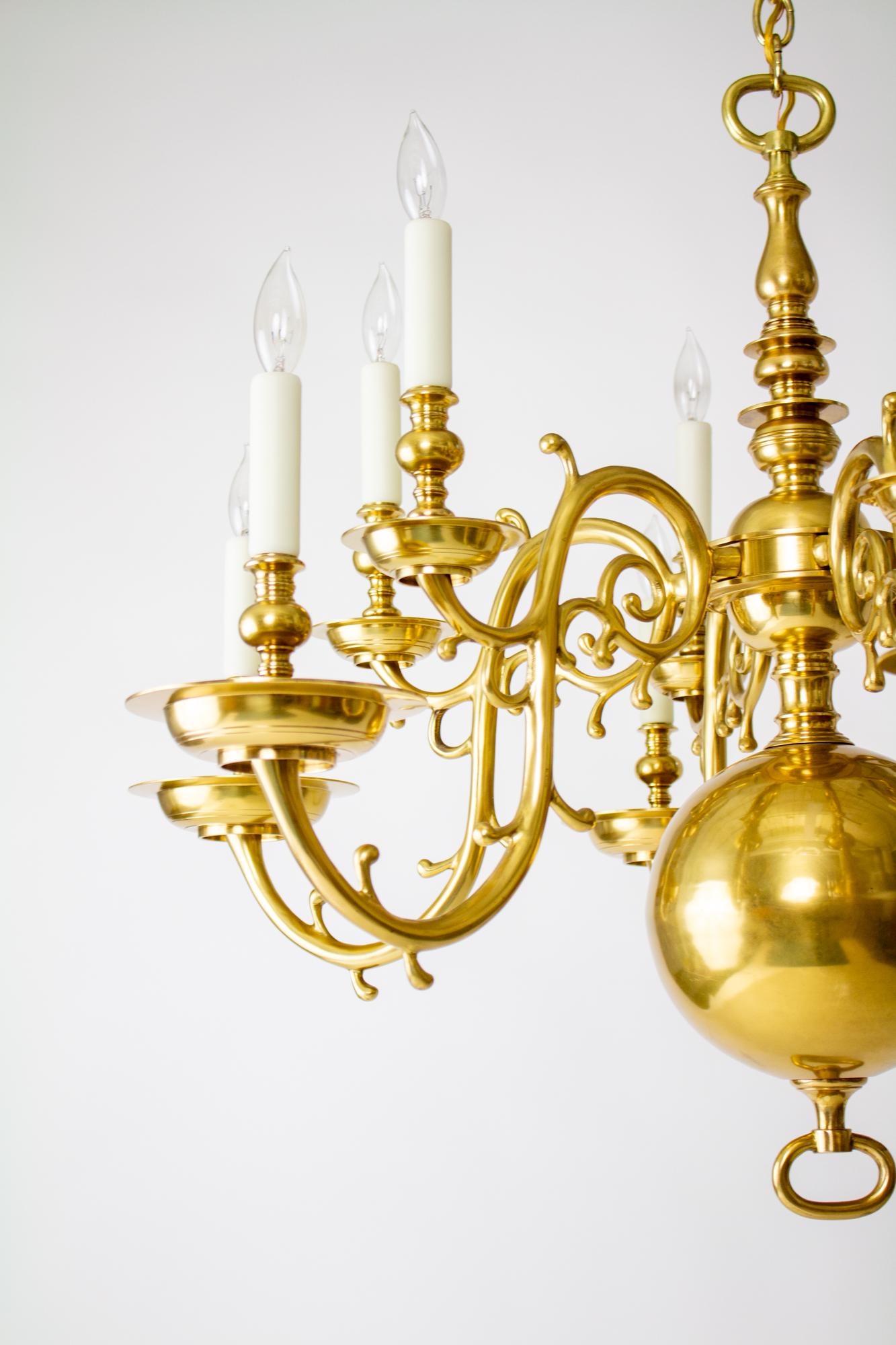 20th Century 12 Arm Dutch Colonial Brass Chandelier In Excellent Condition For Sale In Canton, MA
