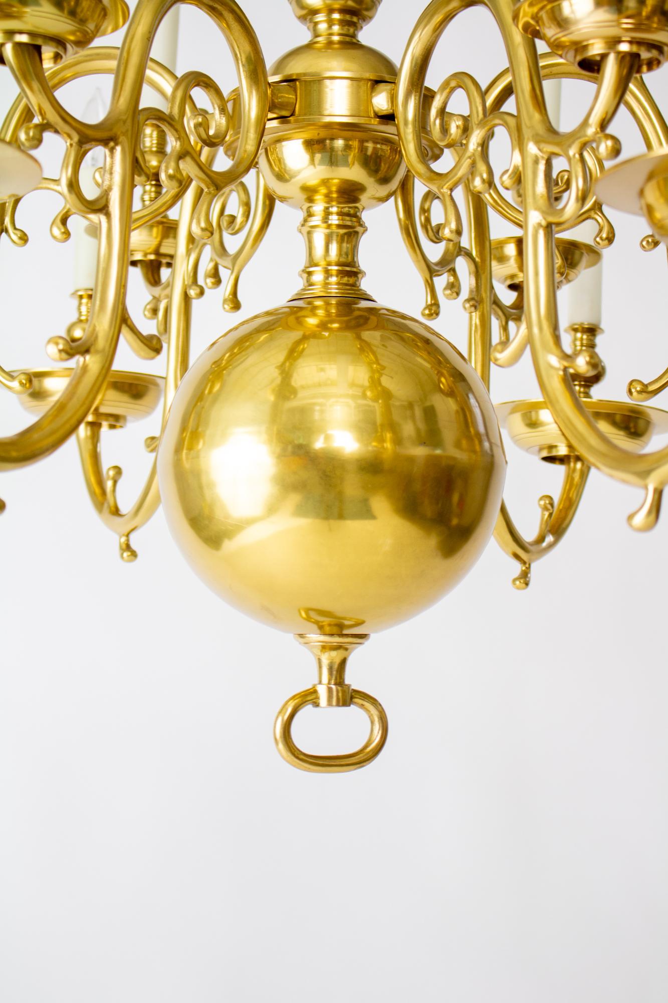 20th Century 12 Arm Dutch Colonial Brass Chandelier For Sale 2