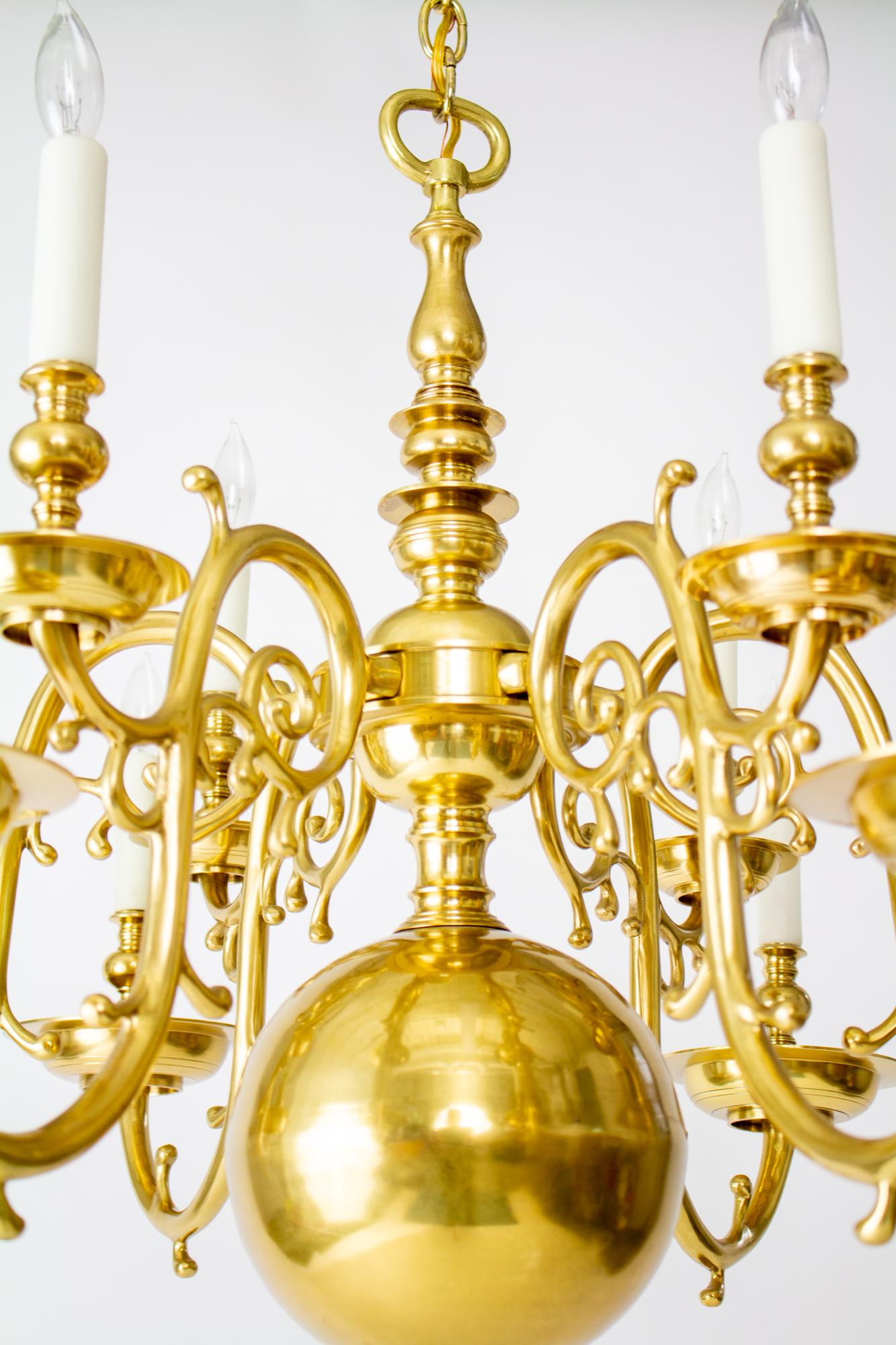 20th Century 12 Arm Dutch Colonial Brass Chandelier For Sale 3