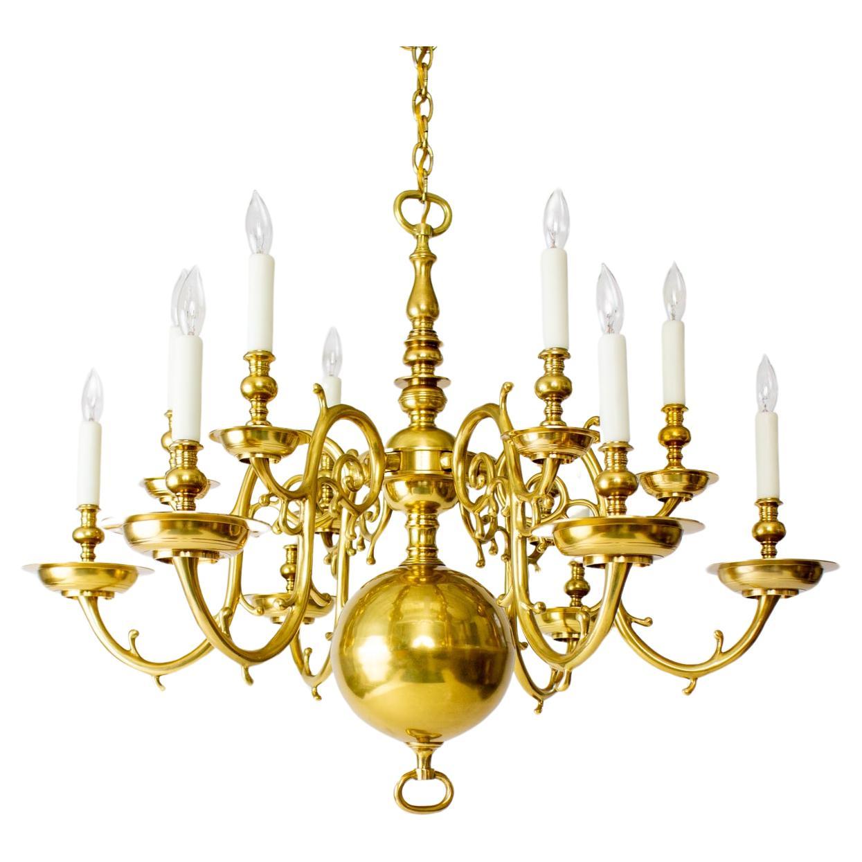 20th Century 12 Arm Dutch Colonial Brass Chandelier For Sale