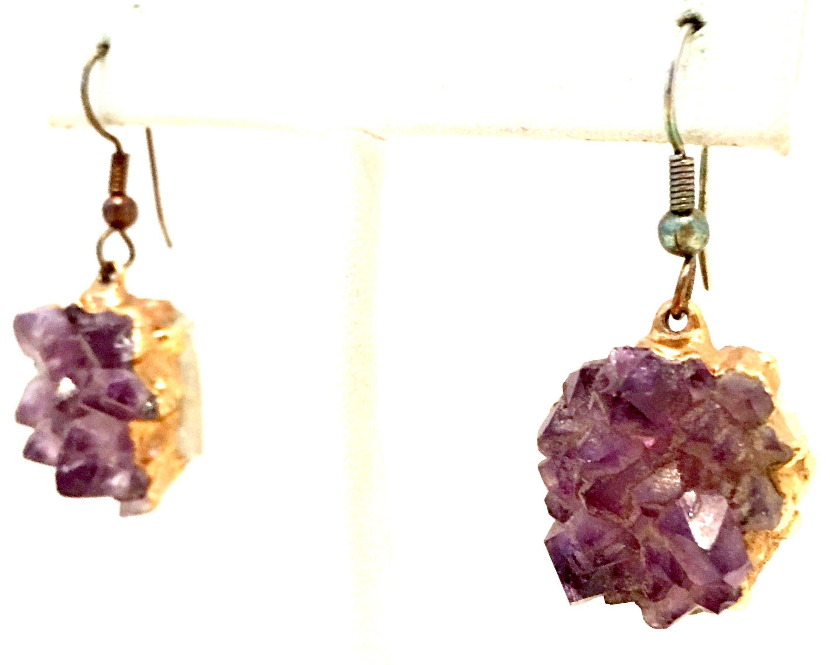 20th Century 12K Gold & Amethyst Geode Pair Of Earrings. Features dimensional and oblong amethyst geode stone, set in 12K gold 