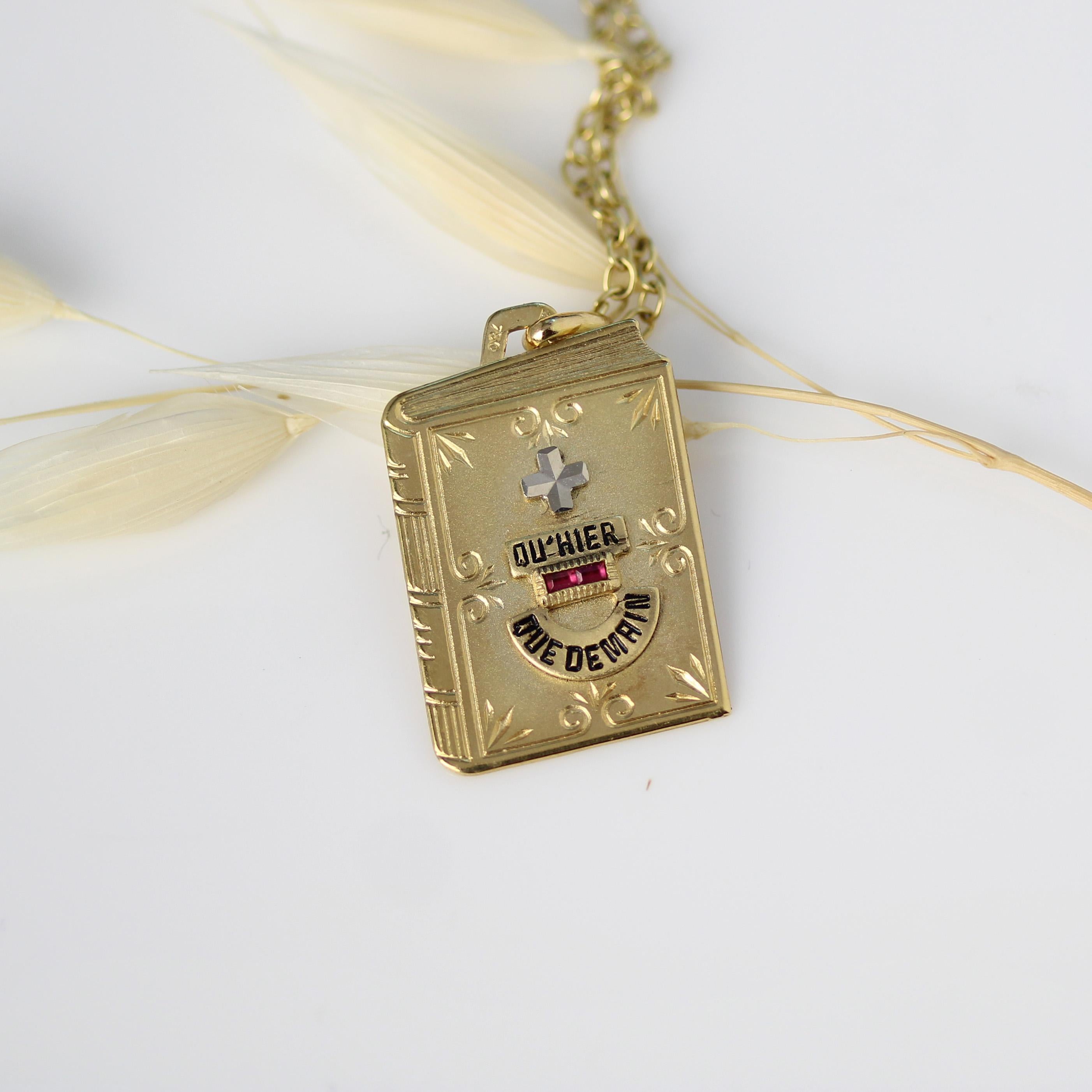 Retro 20th Century 18 Karat Yellow Gold Augis Book Medal Pendant For Sale