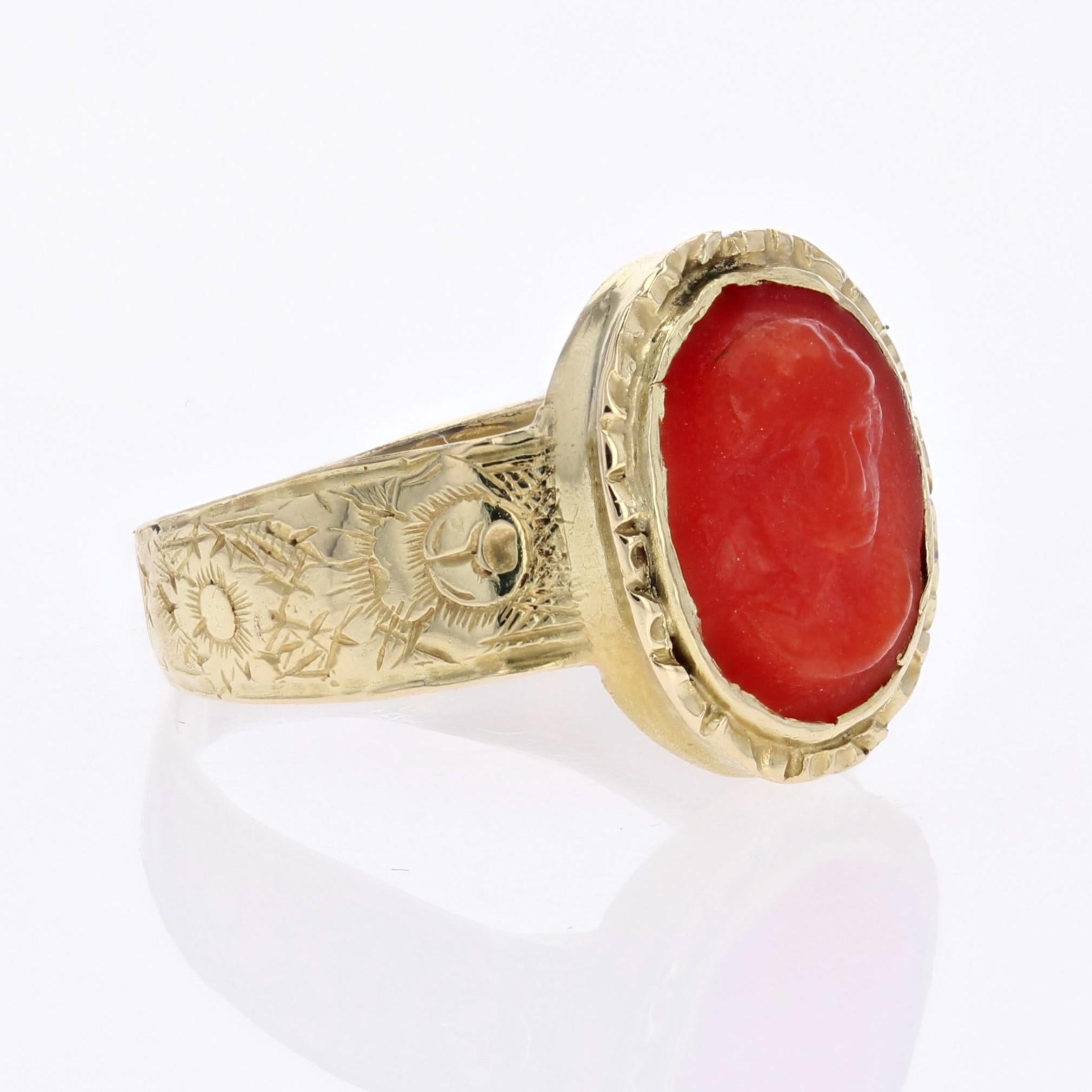20th Century 18 Karat Yellow Gold Cameo Coral Ring For Sale 5