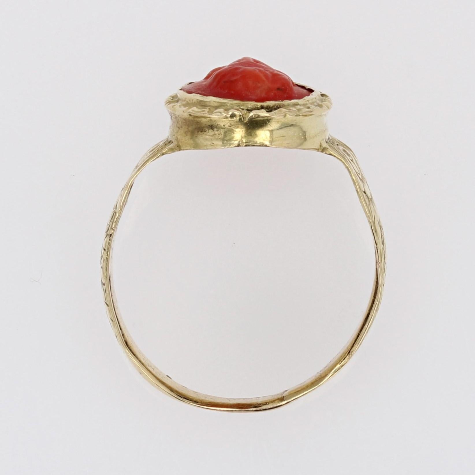 20th Century 18 Karat Yellow Gold Cameo Coral Ring For Sale 8