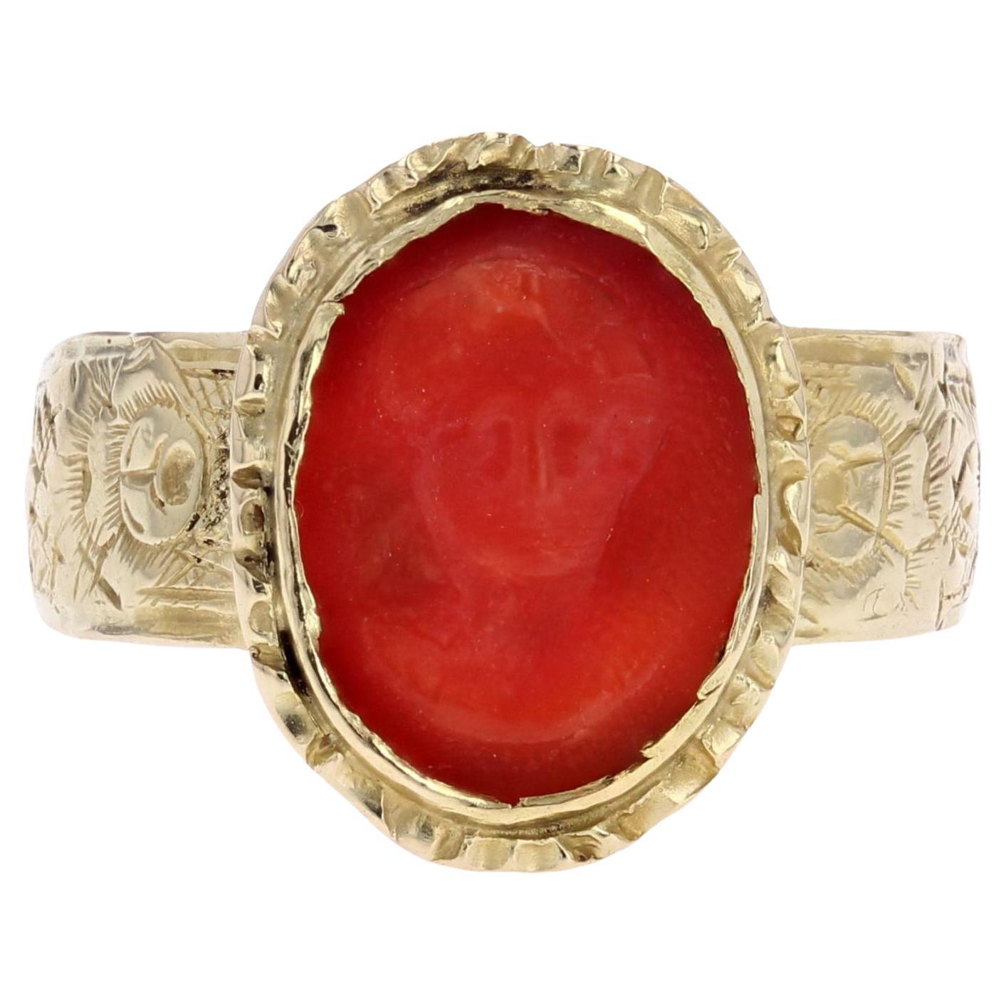 20th Century 18 Karat Yellow Gold Cameo Coral Ring For Sale