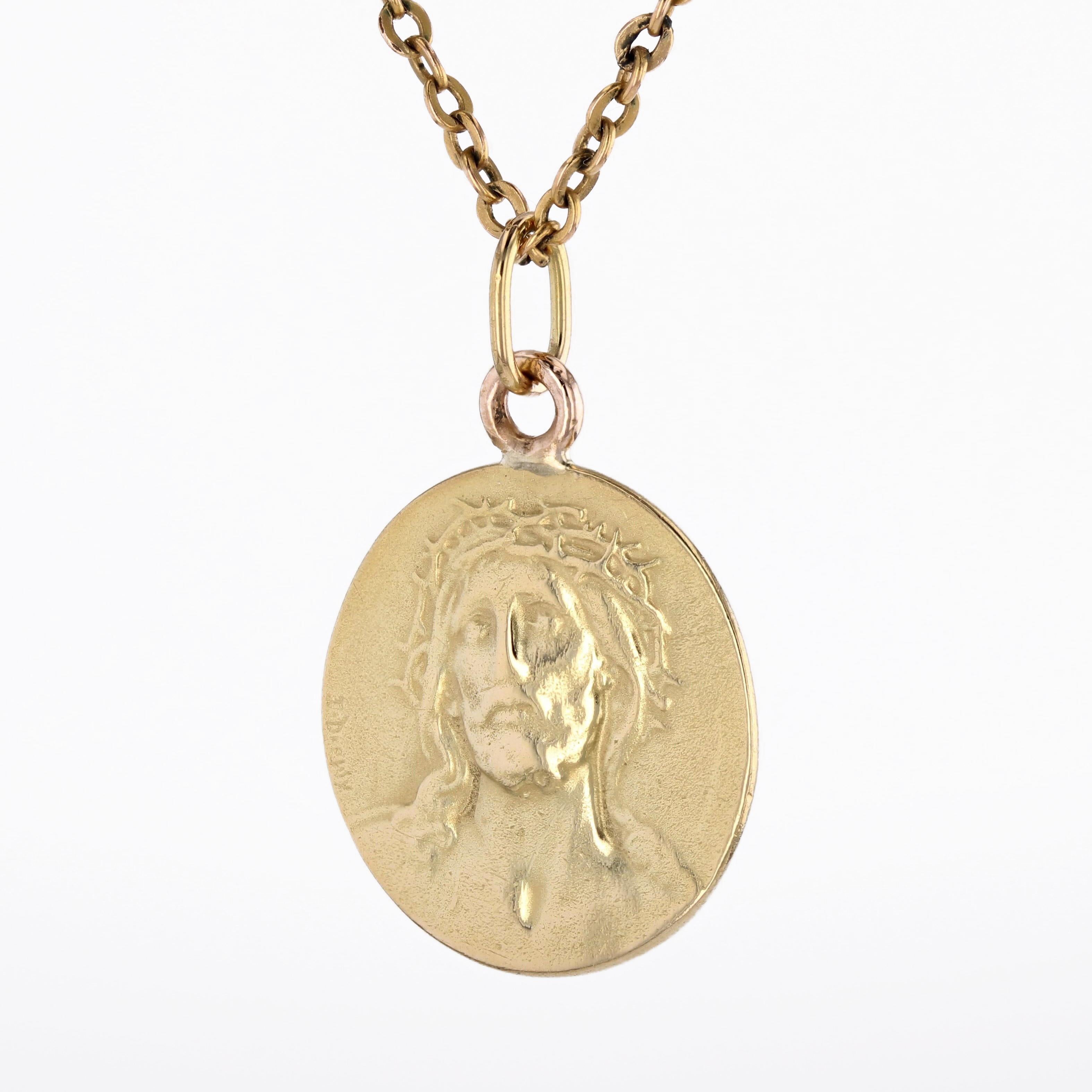 Women's 20th Century 18 Karat Yellow Gold Christ Signed Dropsy Medal Pendant For Sale