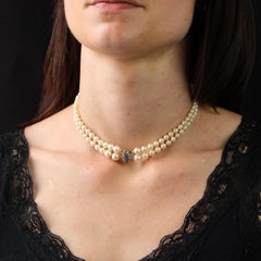 20th Century 18 Karat Yellow Gold Diamond Cultured Pearl Double Row Necklace