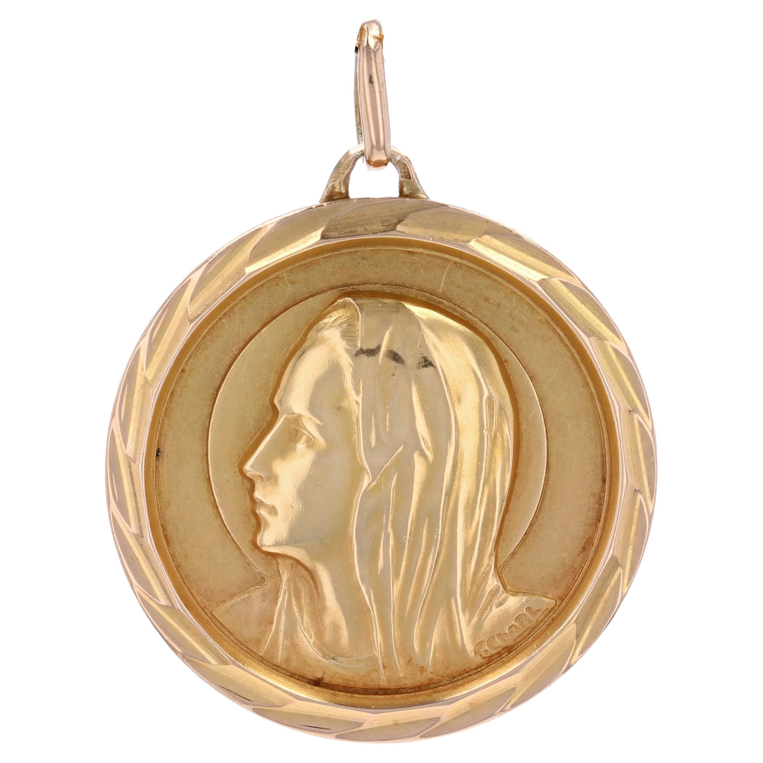 20th Century 18 Karat Yellow Gold Virgin Mary Haloed Medal For Sale