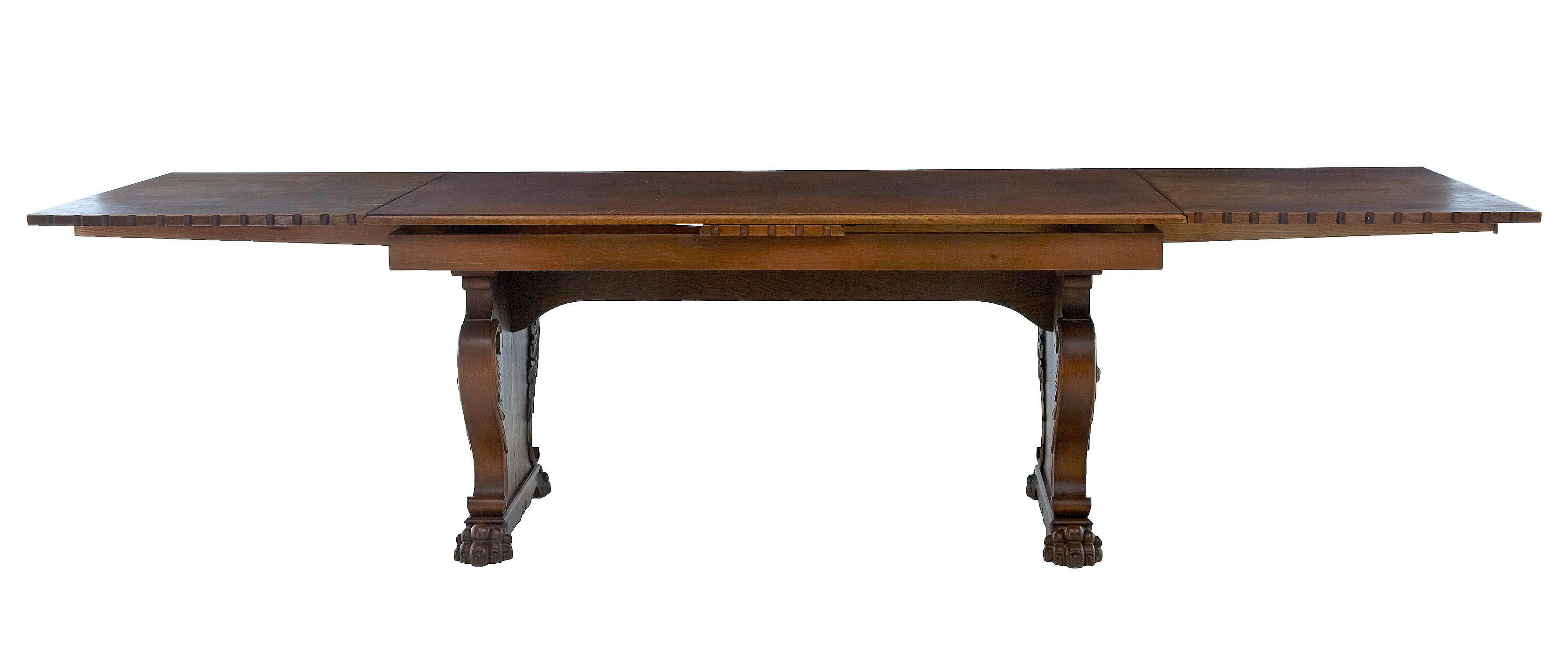 Swedish 20th Century 1920s Carved Oak Extending Dining Table