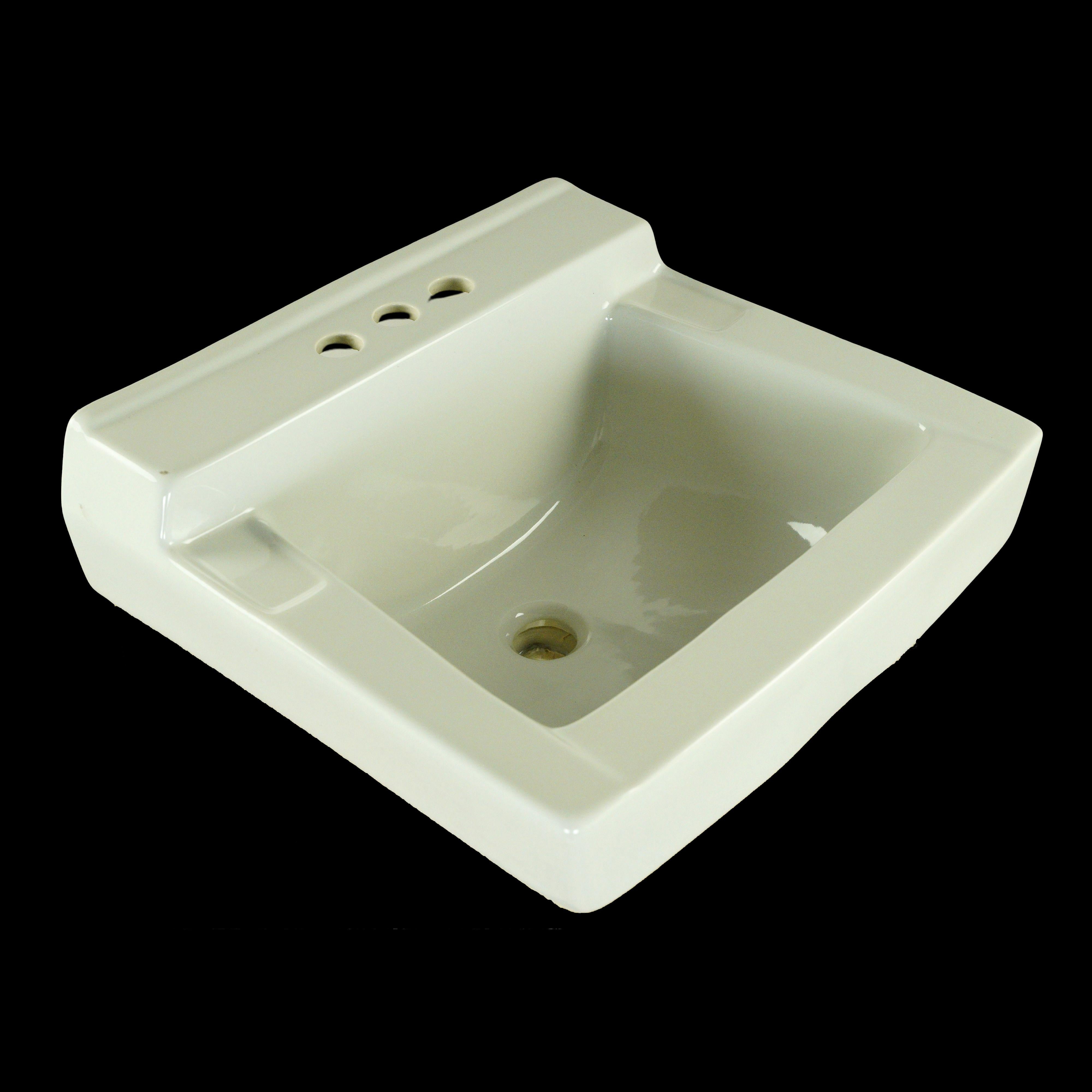 White porcelain ceramic rectangular wall sink with a rectangle shaped basin. No hardware is included. Good condition with minor wear. One available. Please note, this item is located in our Scranton, PA location.