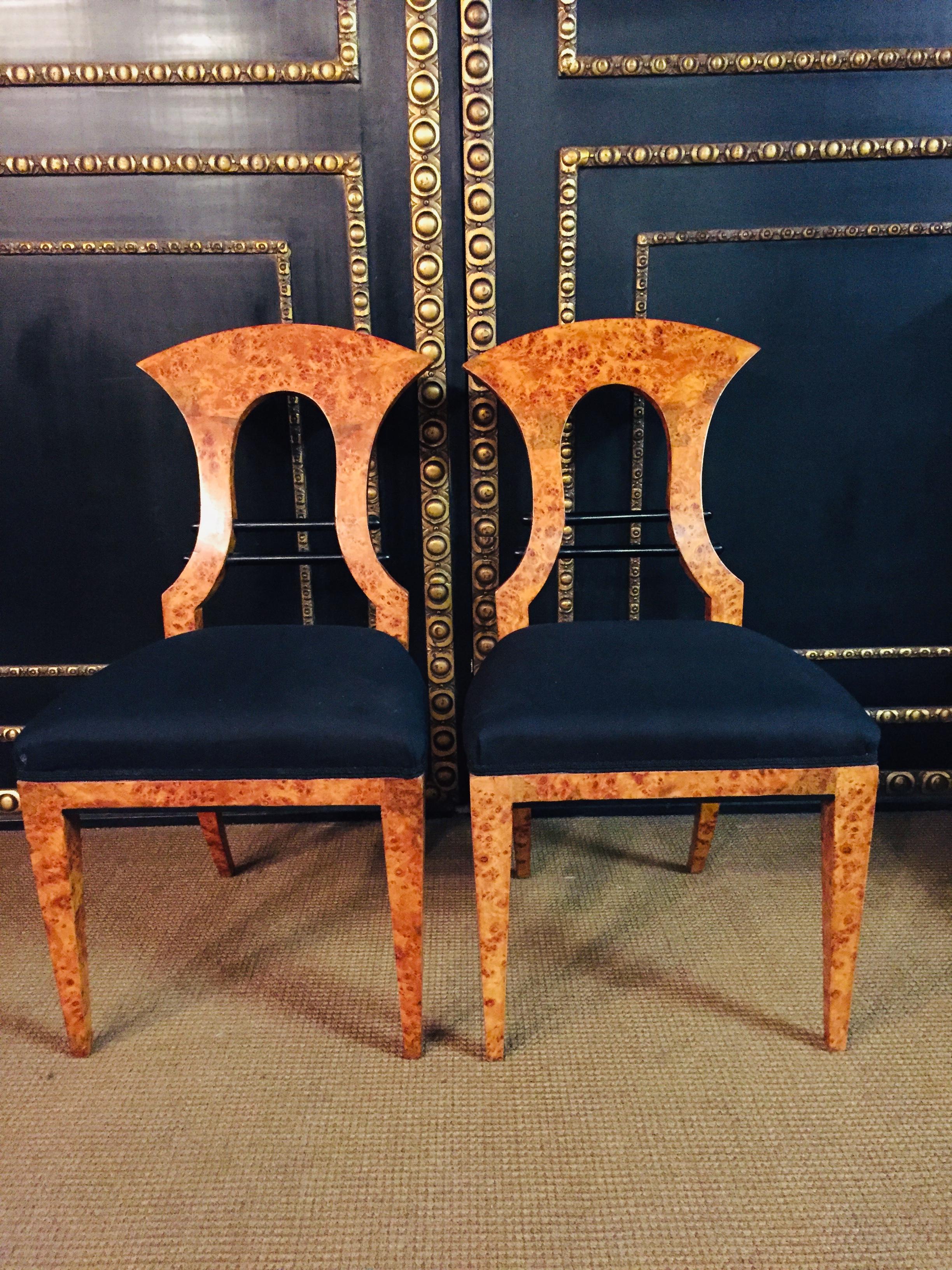 Vienna Biedermeier chairs after Josef Danhauser, 1805-1845. 
Maple Root on solid beechwood. Classical upholstering.