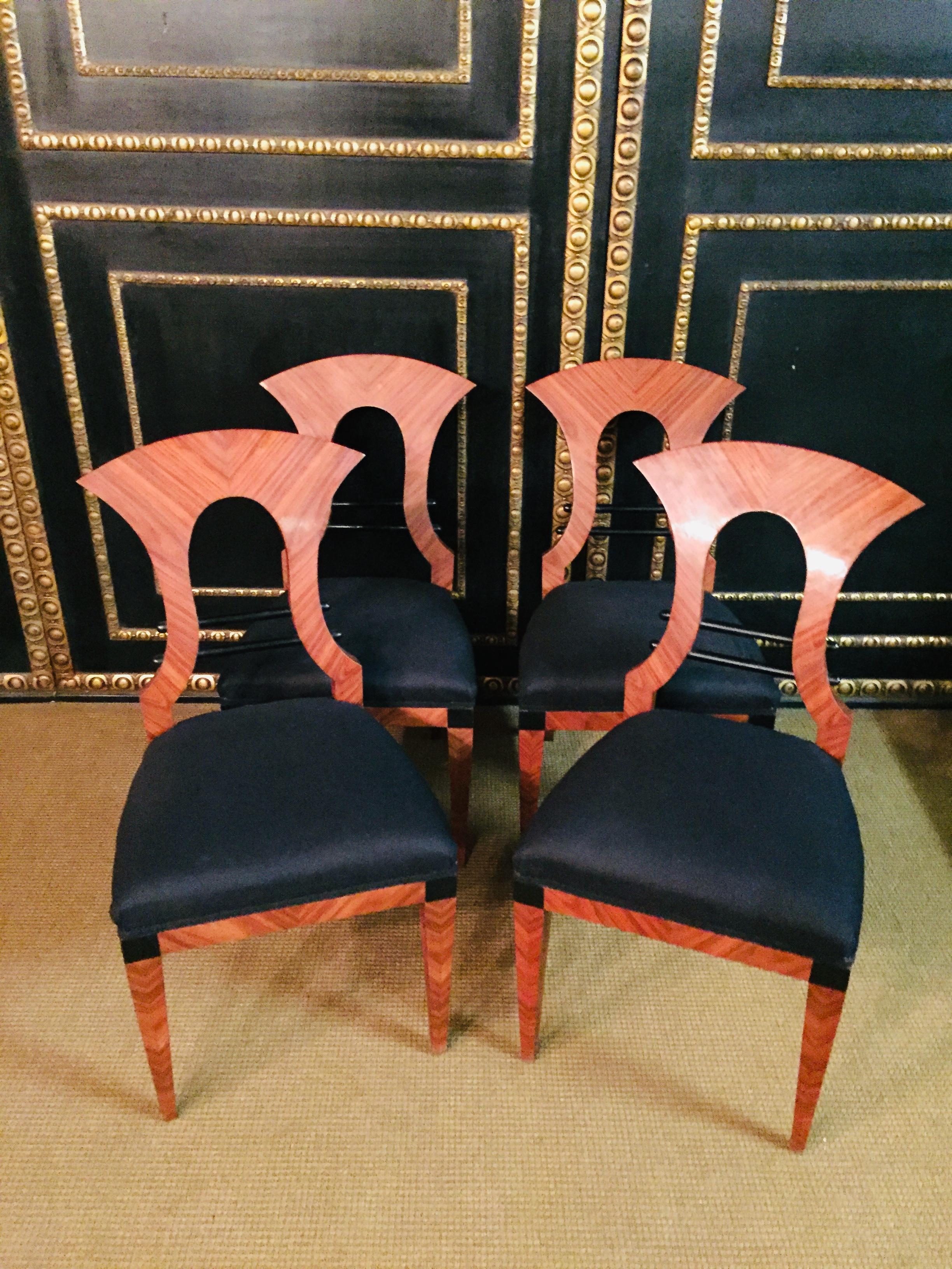 Vienna Biedermeier chair after Josef Danhauser, 1805-1845. 
Mahogany on solid beechwood. Classical upholstering.